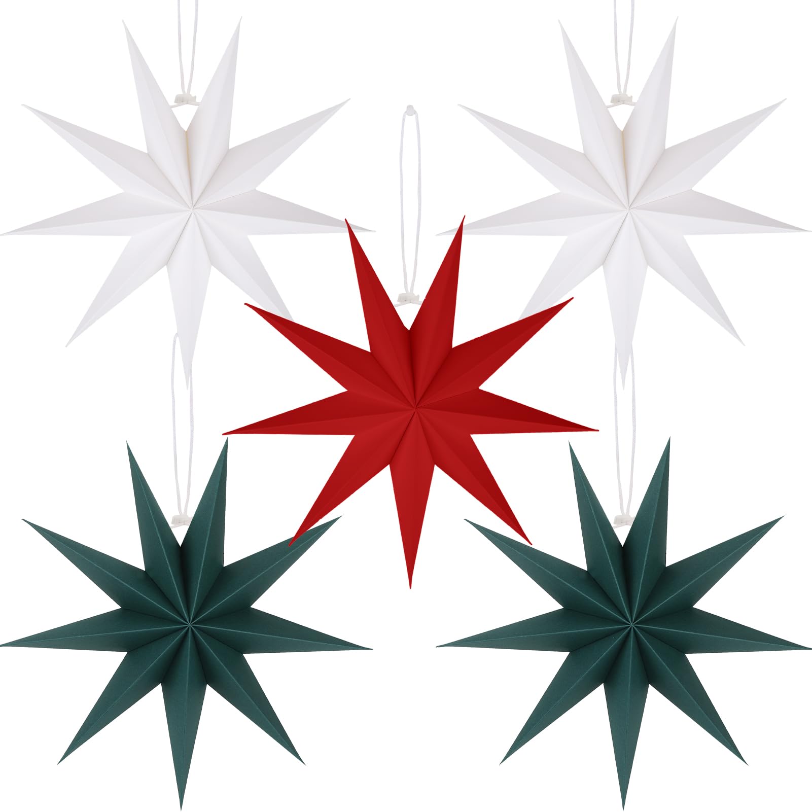 BestoFun 5 PCS Red Green White Paper Star Lanterns Hanging Stars Christmas Party Decorations Hanging Lampshade Wedding Birthday Home Party Decorations (12 Inch)