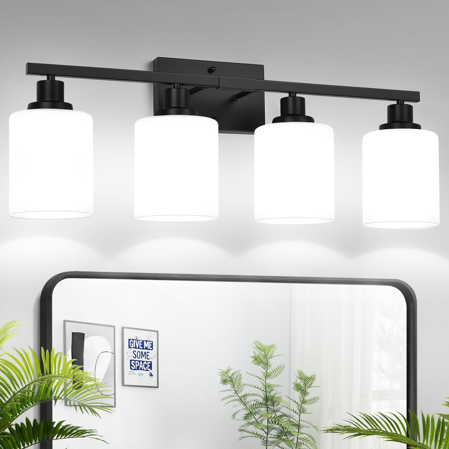MOKATNG 4-Light Bathroom Light Fixtures, Matte Black Vanity Light with Glass Shades, Model YX-053