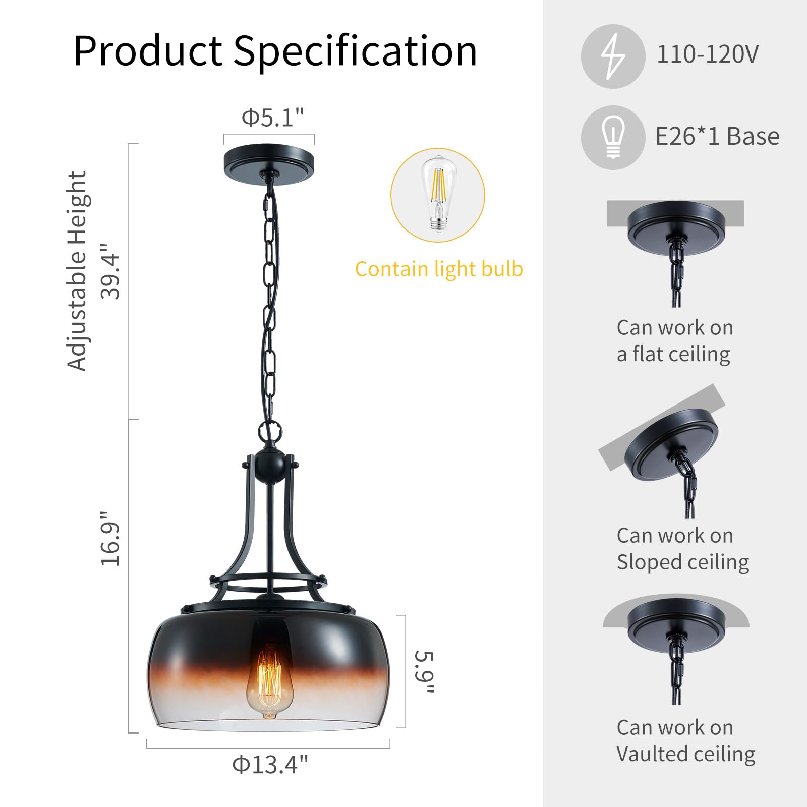 Wuzups Chandelier Rustic Farmhouse Industrial Round Ceiling Pendant Led Light Fixture With Amber Gradient Black Glass Shades For