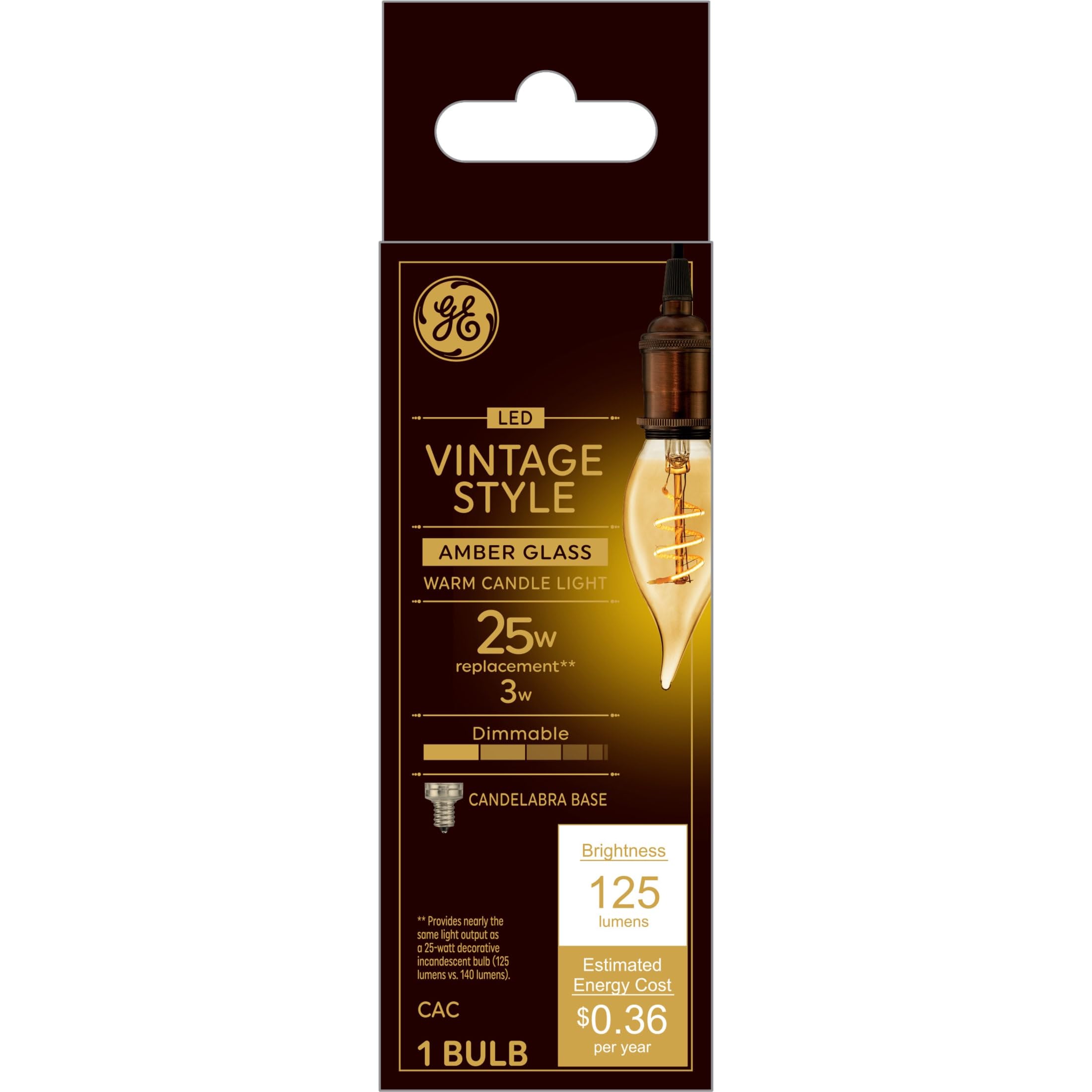 Ge Lighting 36488 25W Amber Ca11 (1-Pack) Led Vintage Decorative Bulb, Small Base