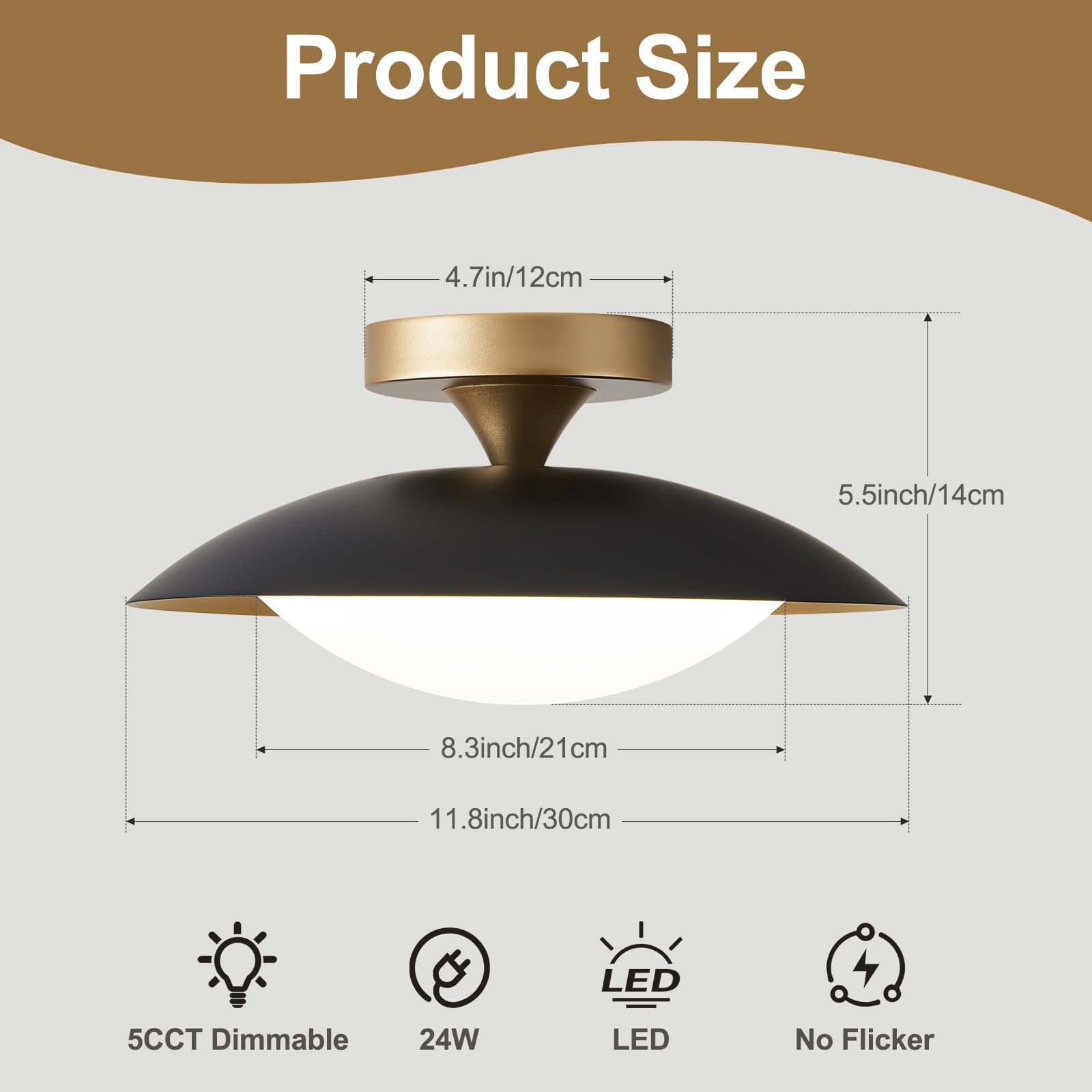 Dimmable Modern Mid-Century Ceiling Light, Black And Gold Led Semi Flush Mount Ceiling Light, 5Cct 2700K-6000K Lighting Fixture Ceiling Lamp With Acrylic Shade For Bedroom Hallway Kitchen, 11.8In