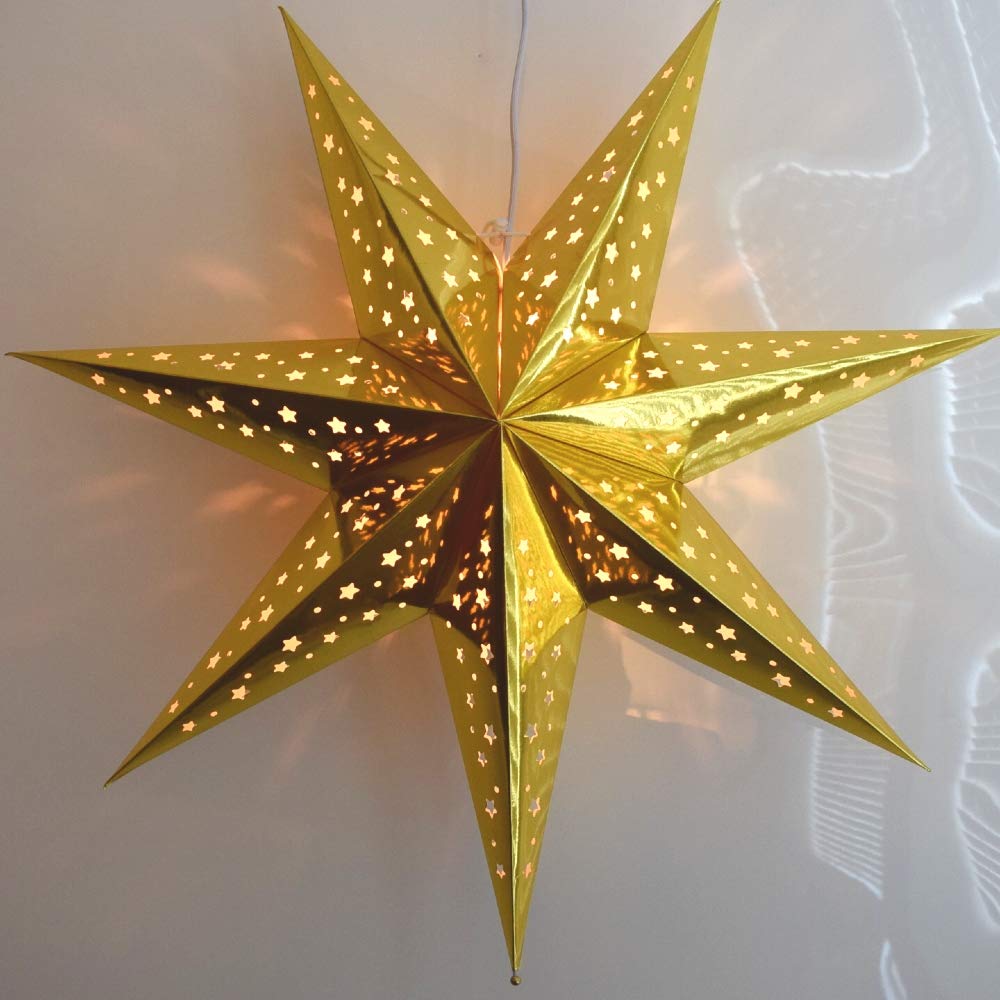 Paper Star Lantern Decoration (Galaxy Gold 7-Point Shining Star) - Perfect For Weddings, Christmas Holiday, Birthday Party Celeb