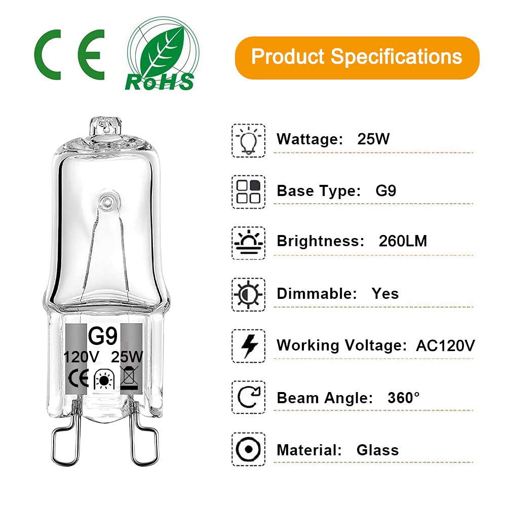 G9 Halogen Bulbs 25W Dimmable T4/Q25/G9/CL/120V JD Type Halogen House Hold Light Bulb for Hanging Pendant Accent Type Spot Down