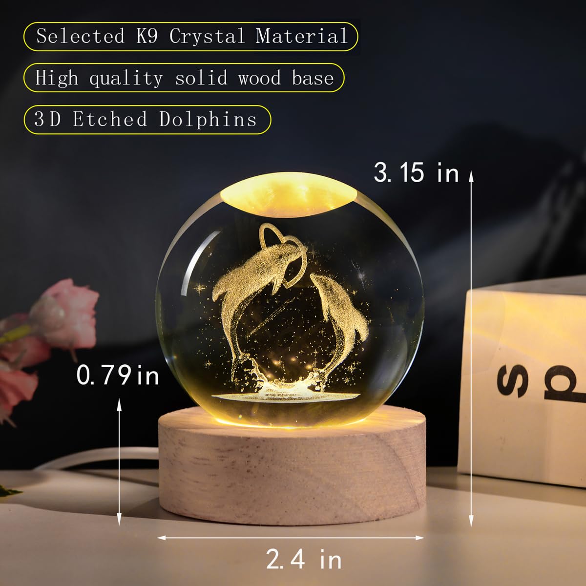 Qianchang 3D Dolphin Crystal Ball Night Light,Dolphin Figurine Lamp,Decorative Glass Sphere Ball Paperweight Crystal Sea Animal