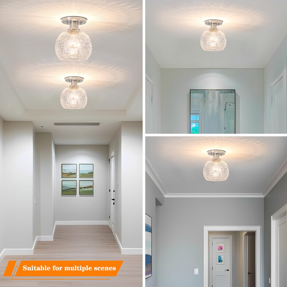 DSMJFU 7.09in Brushed Nickel Semi Flush Mount Ceiling Light - Vintage Globe Design for Hallway, Porch, Bedroom - Model DX23083G1-CL