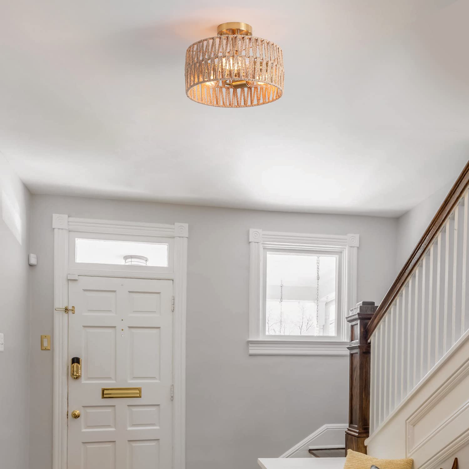 Hchunqjor 3-Light Antique Gold Woven Flush Mount Light Fixture Rustic Coastal Hemp Rope Brass Semi Flush Mount Ceiling Light For