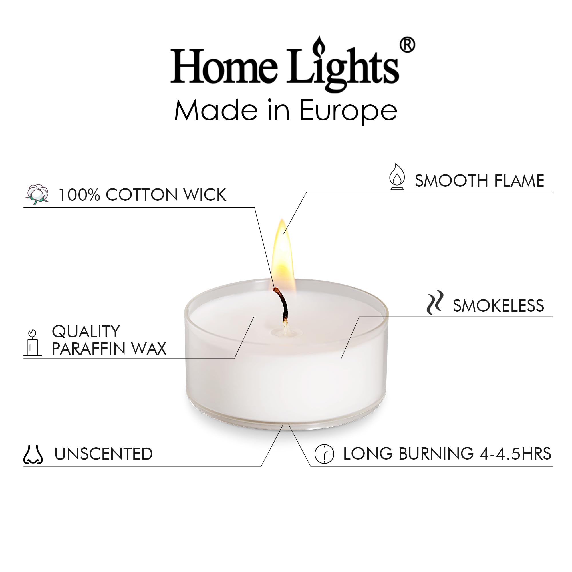 Home Lights Tea Light Candles, 200 Pack, Unscented Paraffin Wax, 4-4.5 Hrs Burn Time, Clear Cup, Ideal for Weddings & Home Decor