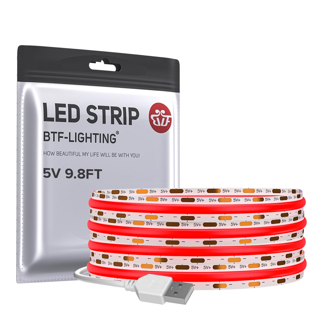 BTF-LIGHTING FCOB USB Powered Red Color COB LED Band Lights 9.8FT 960LEDs 5V 8mm Width 90+ High CRI Ultra Bright Flexible Light for TV Backlight Display Cabinet PC DIY Decor