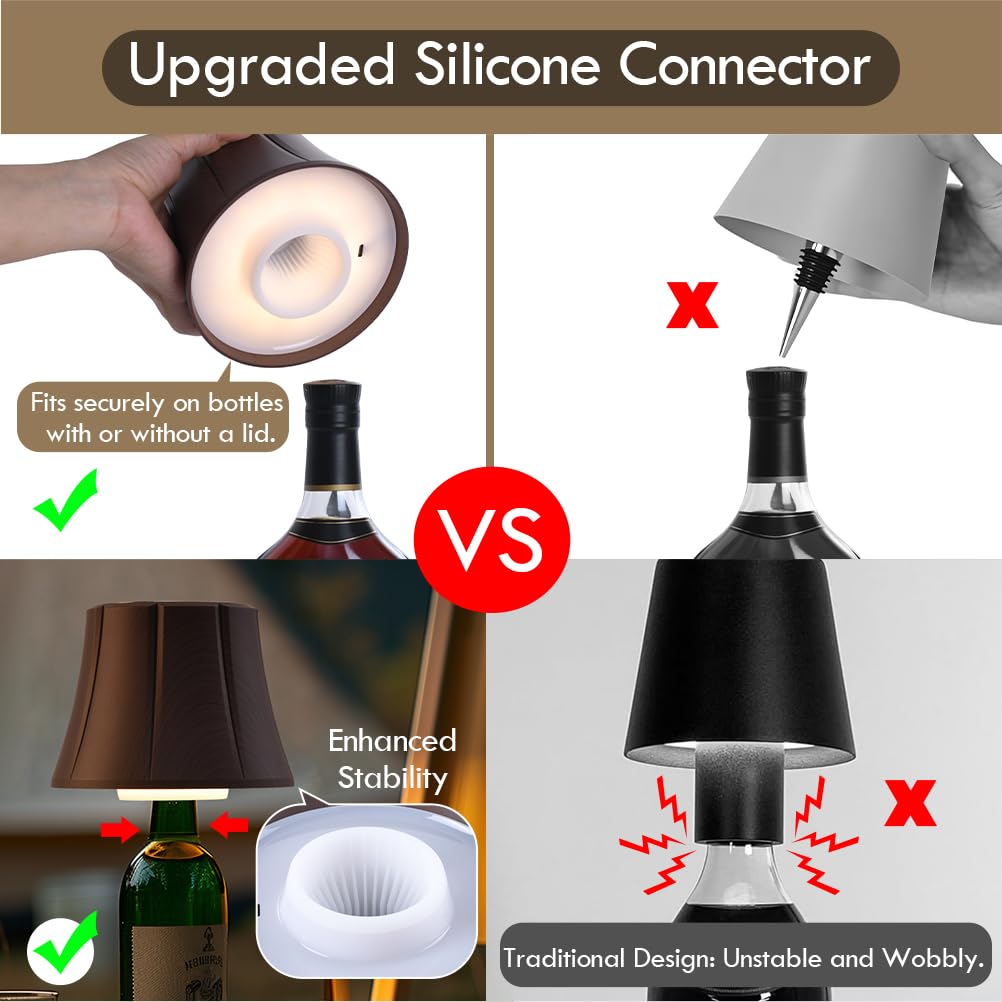 WILIT Wireless Bottle Lamp - Cordless Night Light, 3-Level Brightness, Flower-Brown Wood Grain, Ideal for Bedroom & Bar Decor