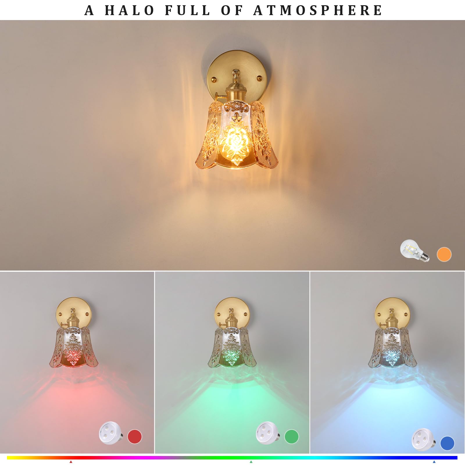 Shenmoyl Vintage Battery Operated Wall Sconce - Wireless RGB Dimmable LED Light, Rose Amber, Remote Controlled, 1 Pack