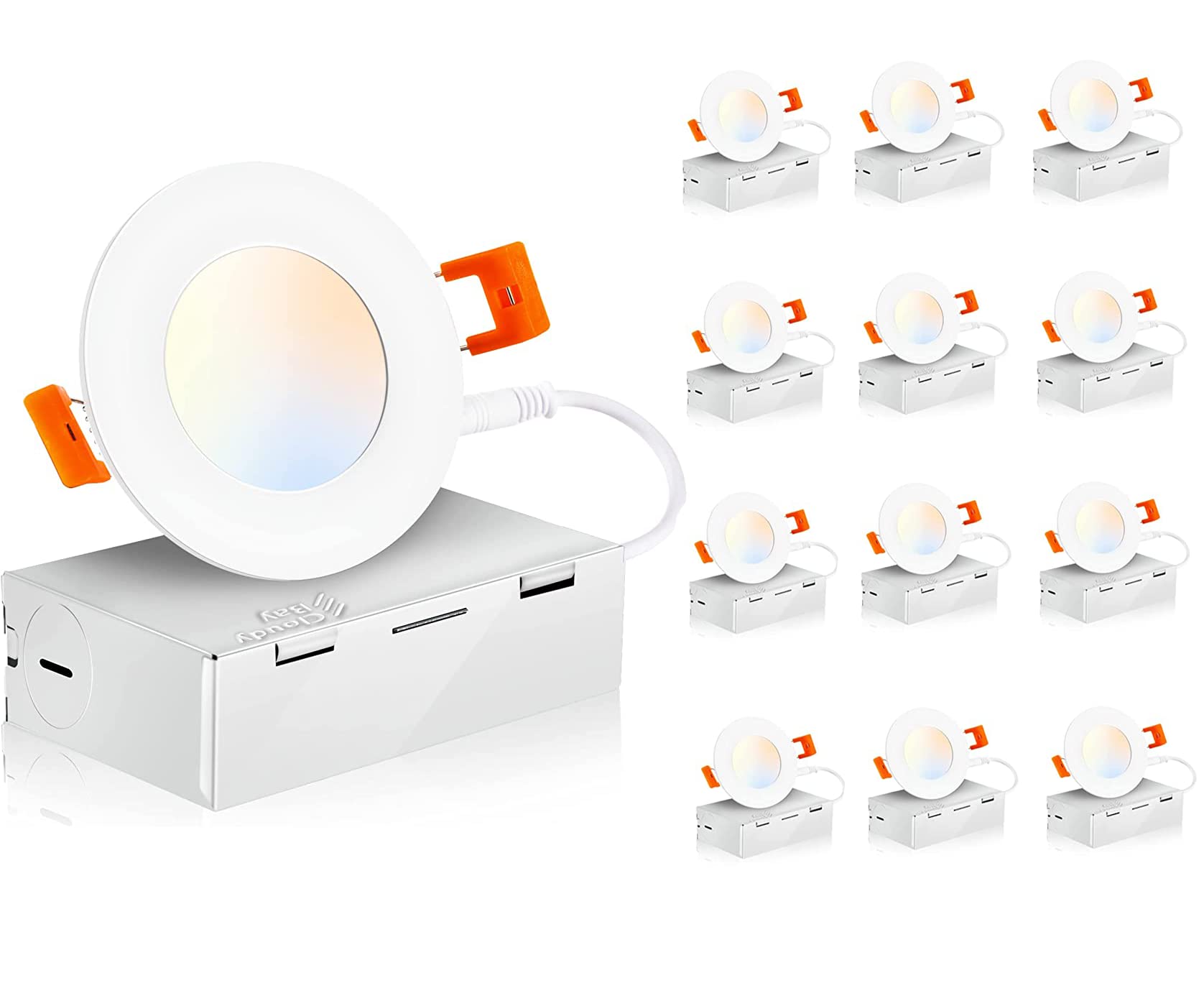 [12 Pack] Cloudy Bay 3 Inch 5 Color Ultra Thin Led Recessed Light With Junction Box, Canless Wafer Downlight,Ic Rated, 8W Cri90+,5 Color Temperature Selectable, Illumination Diameter 1-7/8Inch,White