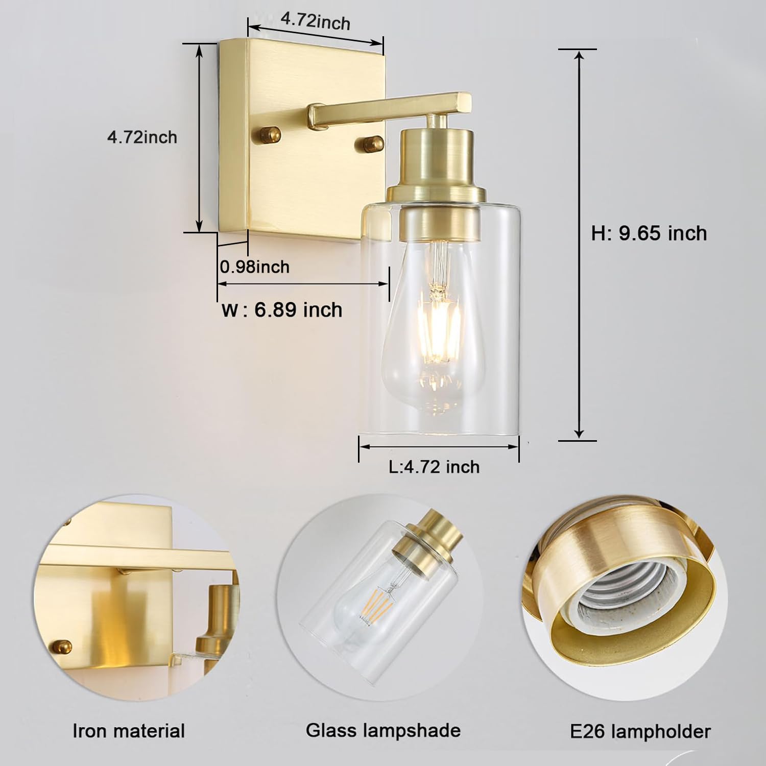 Filimitiy 1-Lights Gold Bathroom Light Fixture, Brushed Brass Vanity Light With Clear Glass Shade, Modern Bath Wall Lights For L