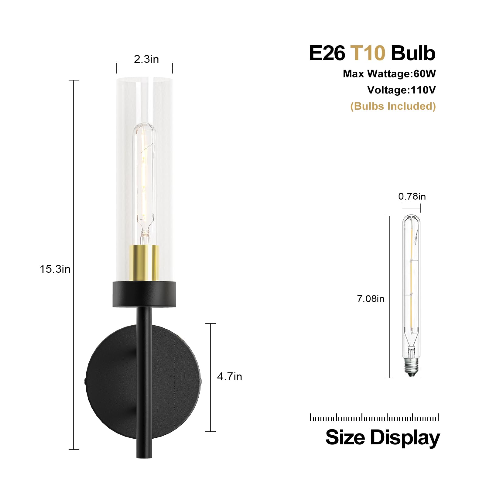 E.P. Light Wall Sconces Set of 2 Hardwired Black and Gold Metal Vanity Fixtures for Bathroom Mirror, Model EP0105