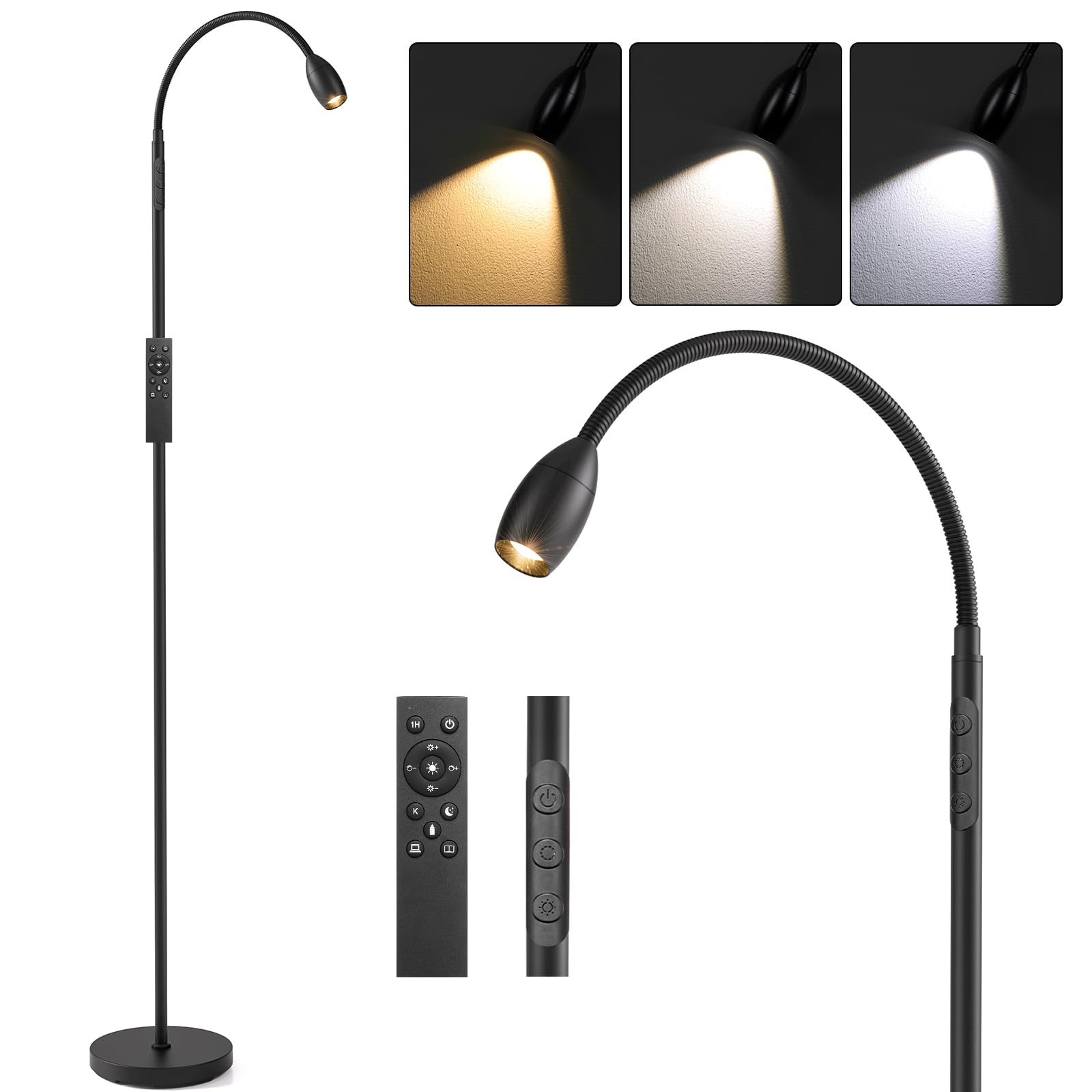 Reading Floor Lamp, 72&quot; Tall Led Lamp With Flexible Gooseneck, Dimmable Zoomable Spotlight, Adjustable Color Beam Standing Lamp, Touch & Remote Control, Task Craft Bedroom Living Room, Matte Black