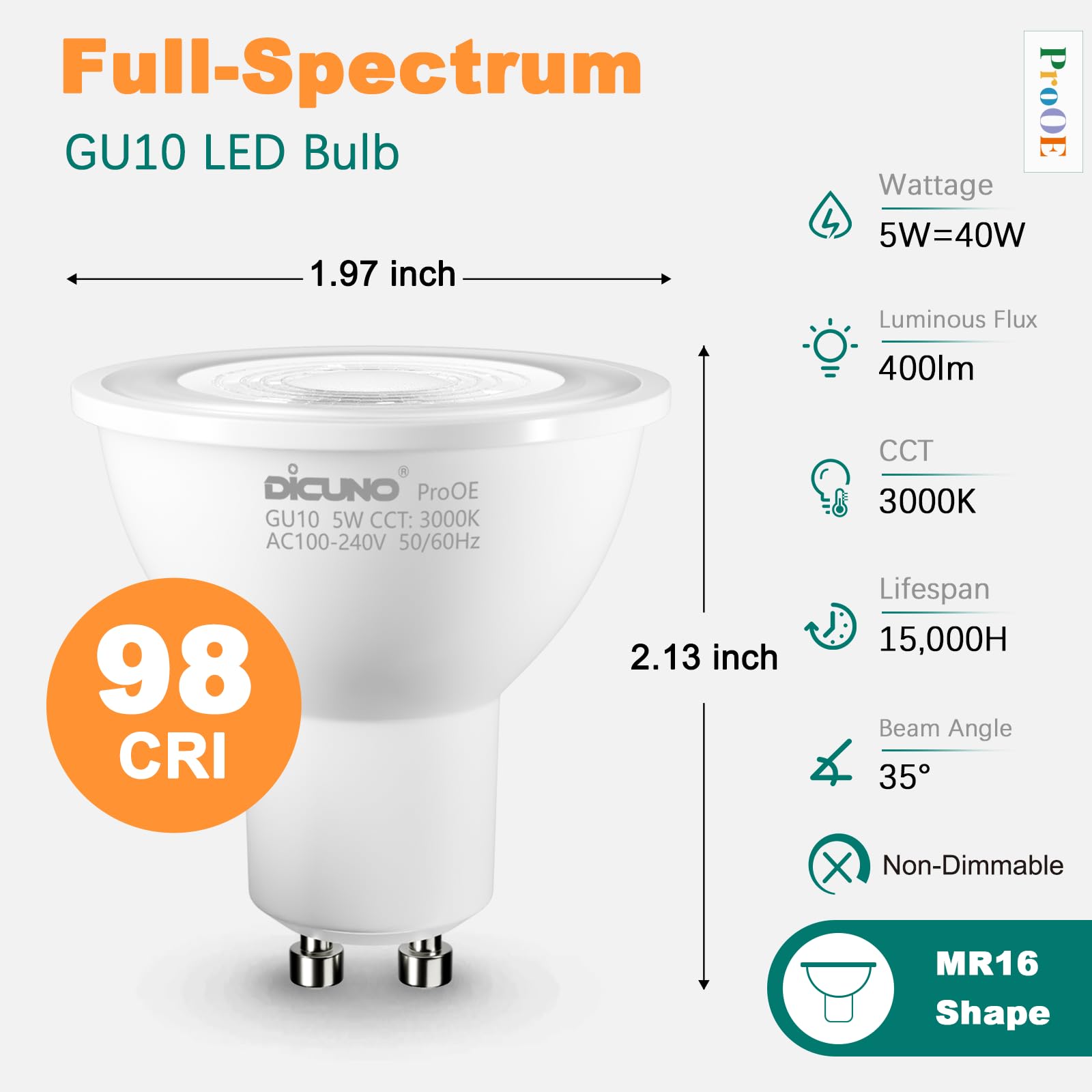 Dicuno Prooe Gu10 Led Bulb 5W, 40W Equivalent, High Cri 98, Warm White 3000K, 400Lm, Gu10 Led Light Bulb With 35 Beam Angle For