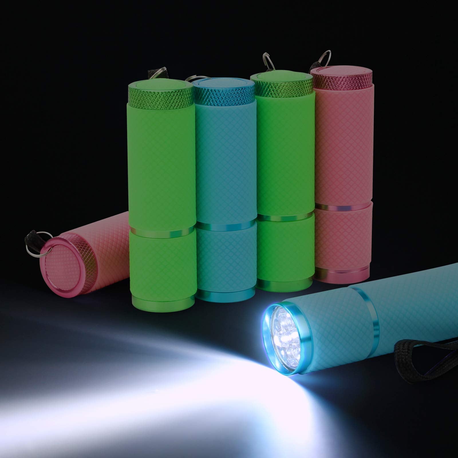 AHIER 9 LED Glow in Dark Flashlights, Rubber Coated, Portable Handy Lights for Camping & Hiking, Assorted Colors, Model ALLC-ButtonLED-4P
