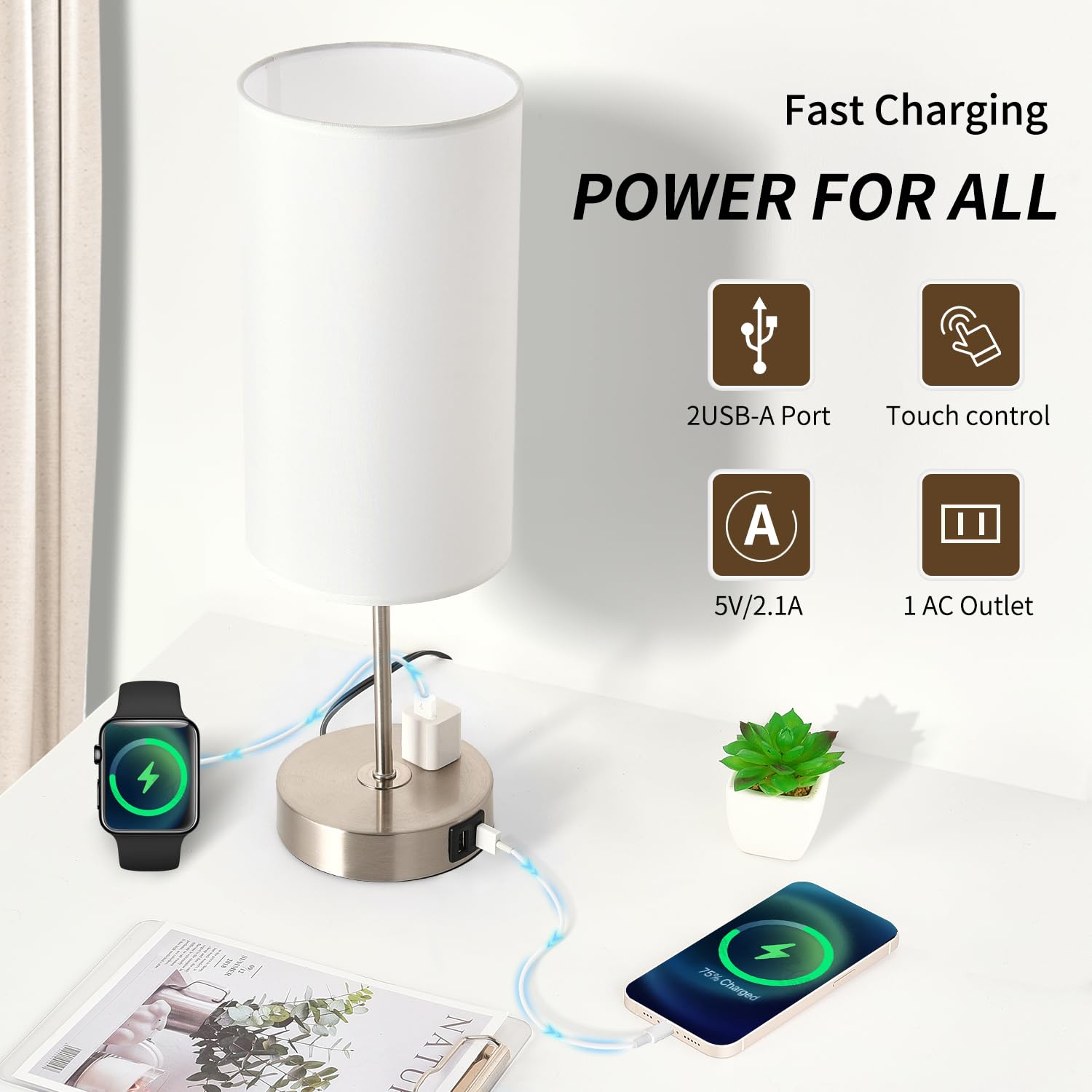 Woderdeng Touch Control Table Lamp - 3-Way Dimmable Bedside Lamps With Usb Port And Outlet,Nightstand Lamp For Bedroom Decor,Bru
