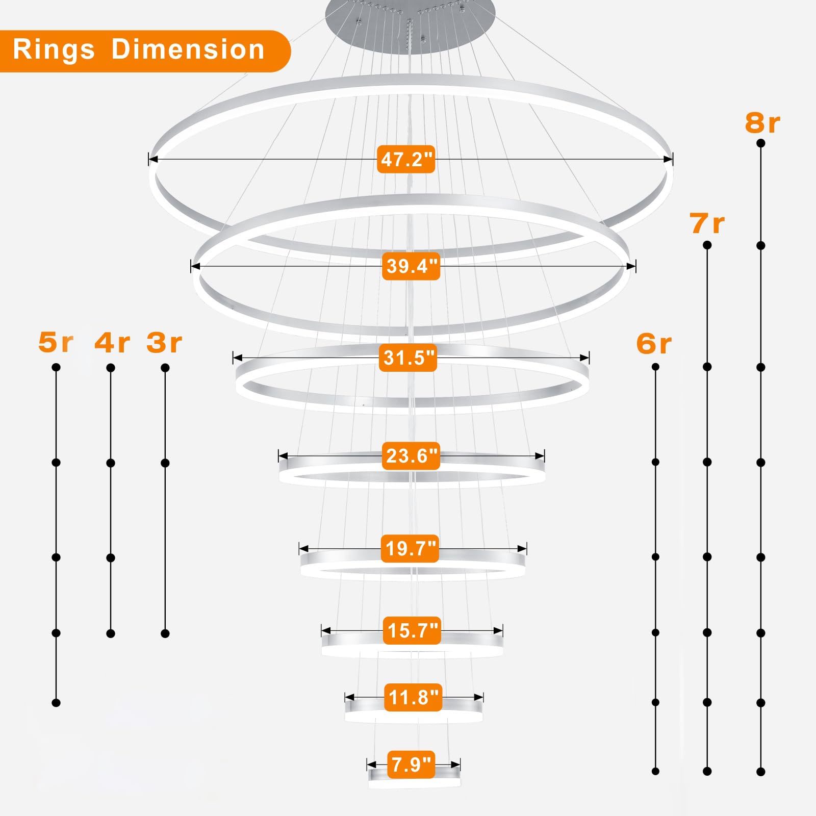 Modern 6 Ring Silver Led Chandelier - Dimmable, Large D31.5" For High Ceiling Staircase And Luxury Foyer Entryway