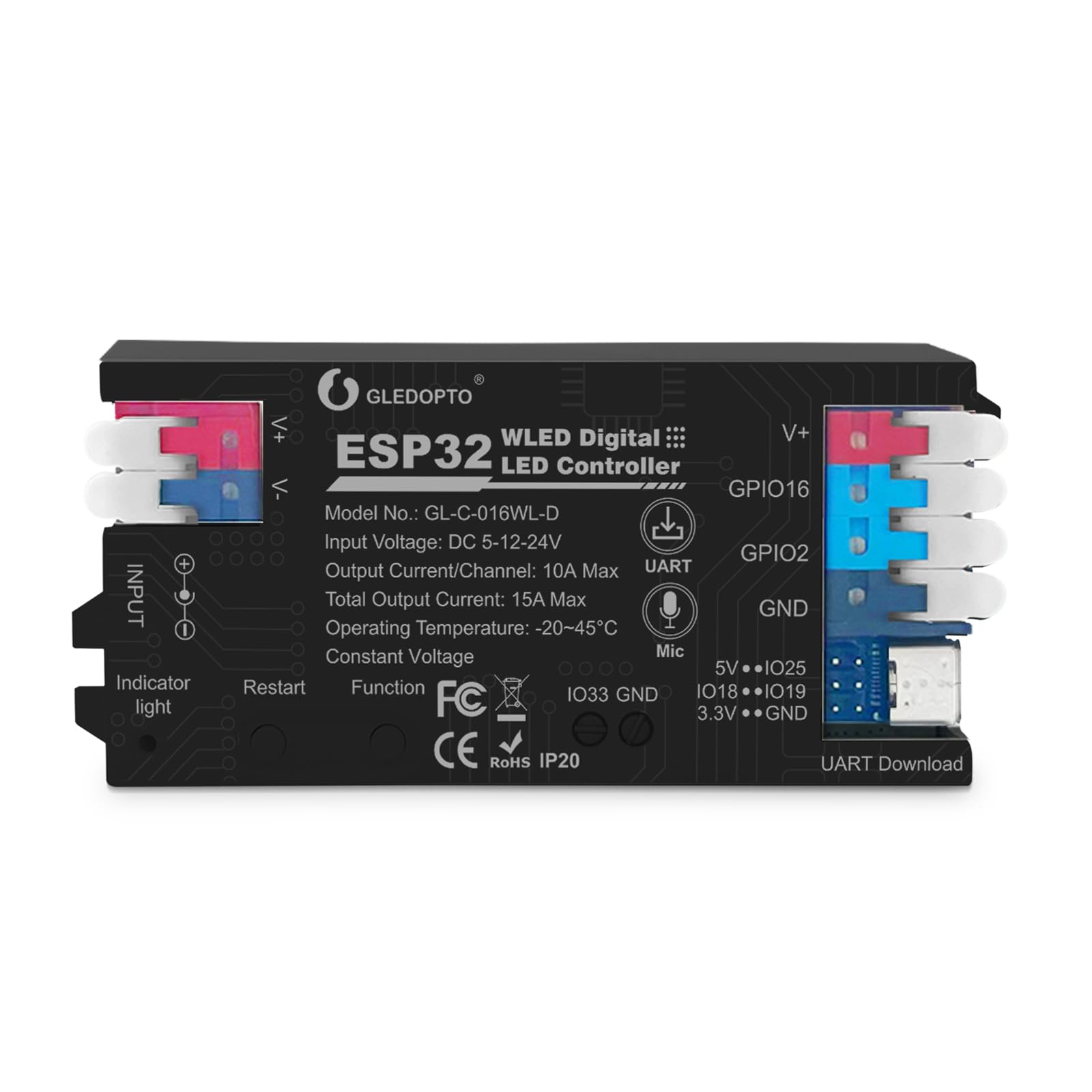 ESP32 WLED LED Band Light Controller 15A Fuse Link Built in Mic UART Type-C Energy Saving Relay App Control Wago Wiring for RGB IC Addressable Digital WS2811 WS2812 SK6812 TM1814 WS2813 WS2815 etc