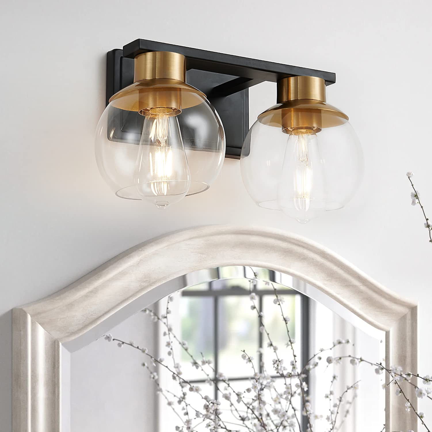 Pazala 2 Light Vanity Lights, Black Gold Bathroom Wall Sconce Light With Globe Glass Shade, Bathroom Light Fixture Over Mirror F