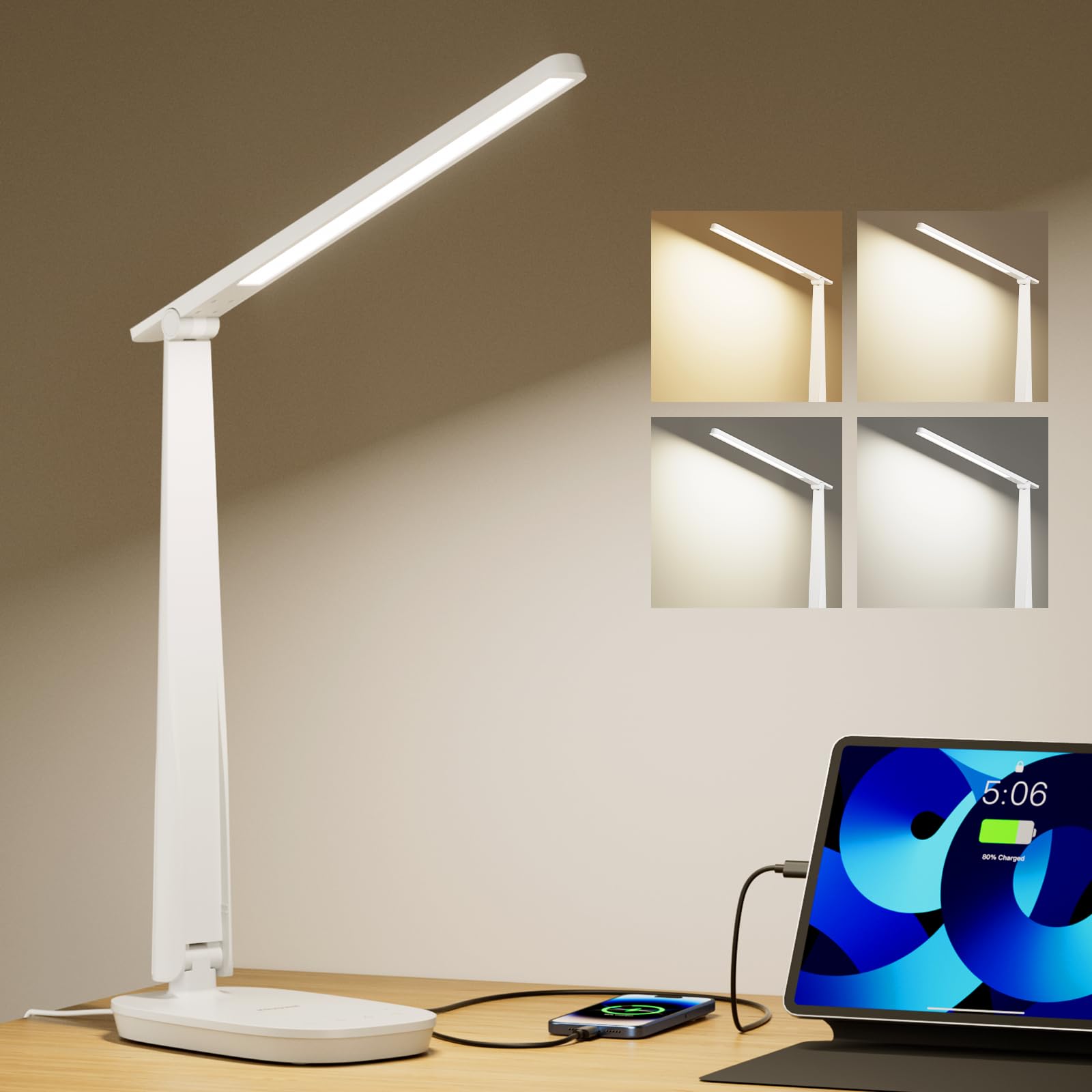 Honeywell LED Desk Lamp - Eye-Caring Light, 4 Color Modes, Touch Control, USB A+C Ports, Adjustable Head, White, Model: H2-1