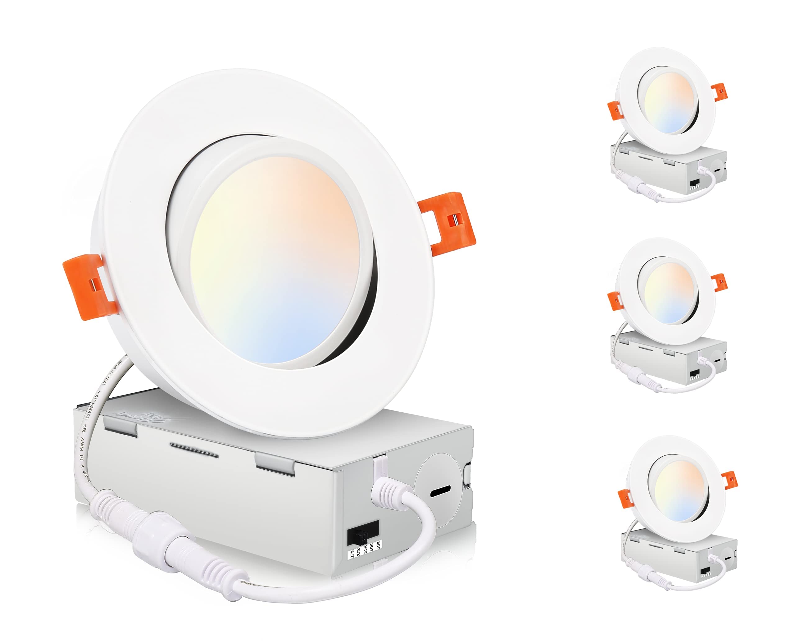 Cloudy Bay 4 Inch 5 Color Swivel Led Gimbal Recessed Light With Junction Box, Ic Rated Air Tight, 120V Cri90+, 2700K/3000K/3500K
