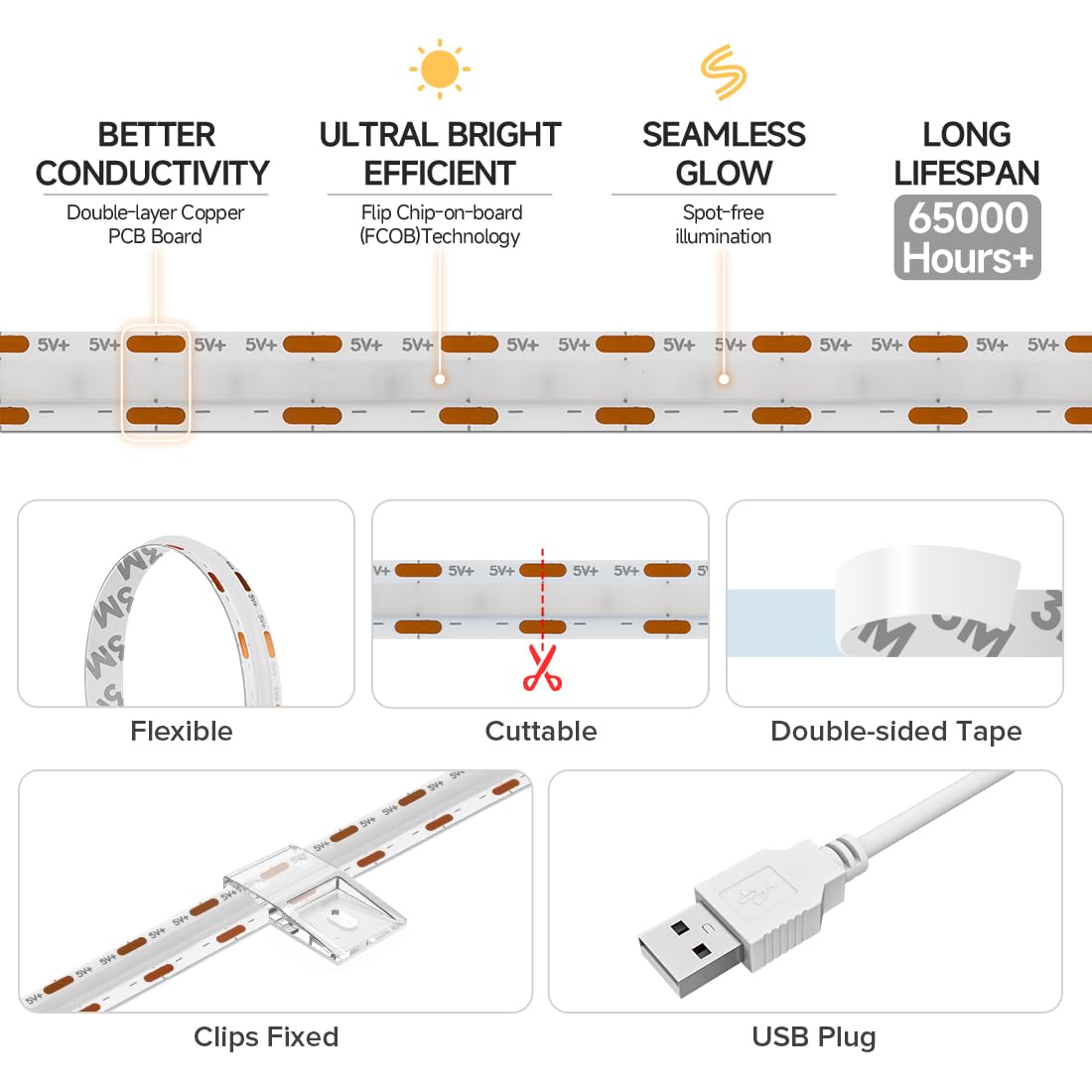 Btf-Lighting Fcob Usb Powered Natural White 4000K Cob Led Strip Lights 6.56Ft 640Leds 5V 8Mm Width 90+ High Cri Ultra Bright Flexible Light For 3D Printer Tv Backlight Display Cabinet Pc Diy Decor