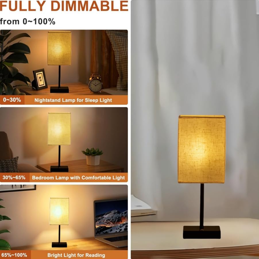 2 Pack Bedside Touch Lamp - Fabric Table Lamp With Three-Level Brightness Adjustment, Usb Charging, Cordless, Portable - Suitabl