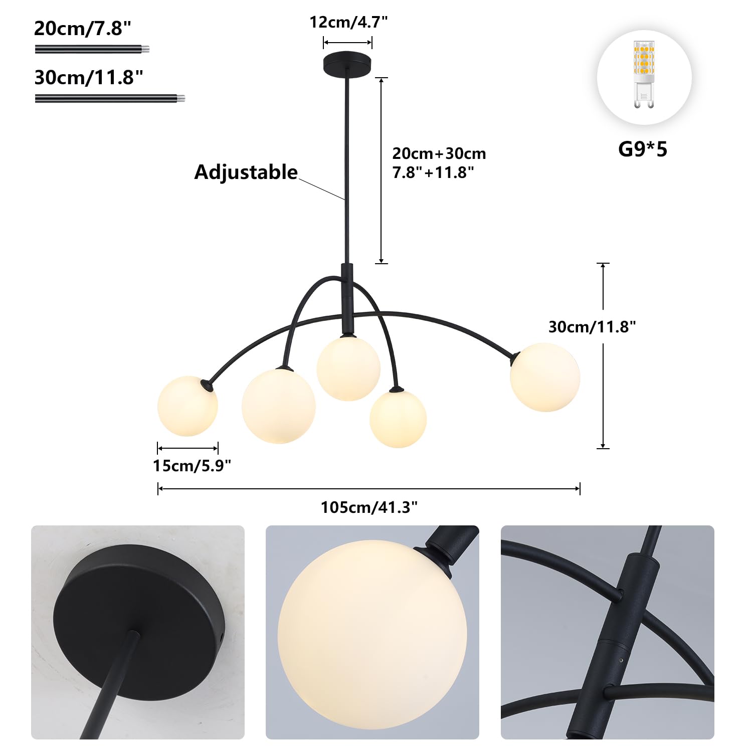 Fulesi Mid Century 5-Light Sputnik Chandelier, Black & White Iron Fixture, Model D5042-B1, Adjustable for Dining Room, Kitchen, Bedroom