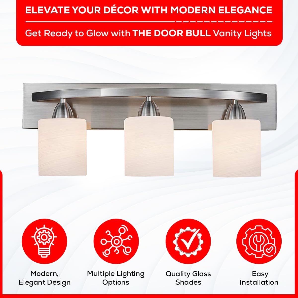 The Door Bull Bathroom Vanity Light Fixture - 3-Lights Brushed Nickel, Frosted Glass Shade, Model VNT-1000