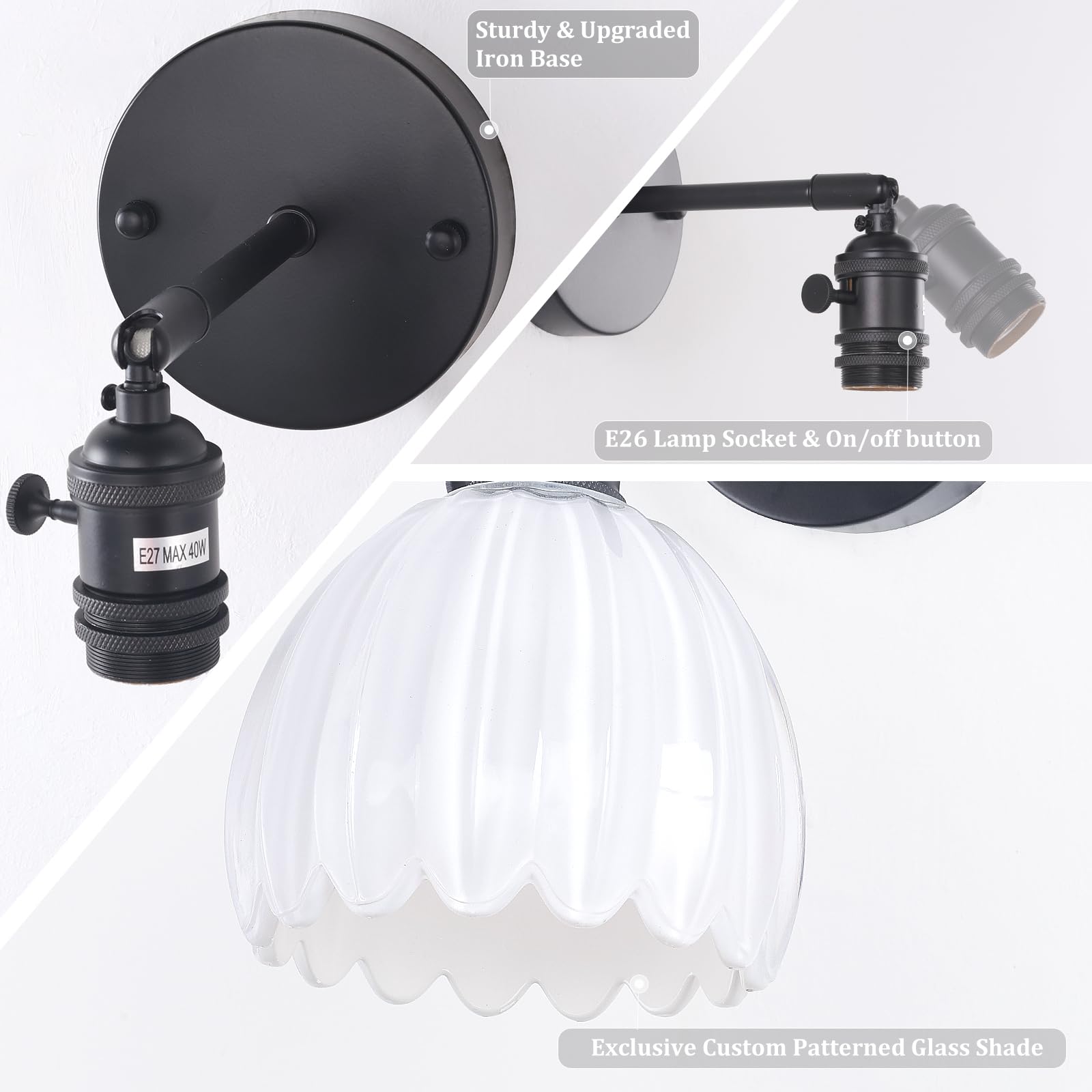 Shenmoyl Vintage Wall Sconce, 1 Light Hardwired, Black Base, Tulip White Glass Lampshade, 180° Adjustable, Model 1-9412