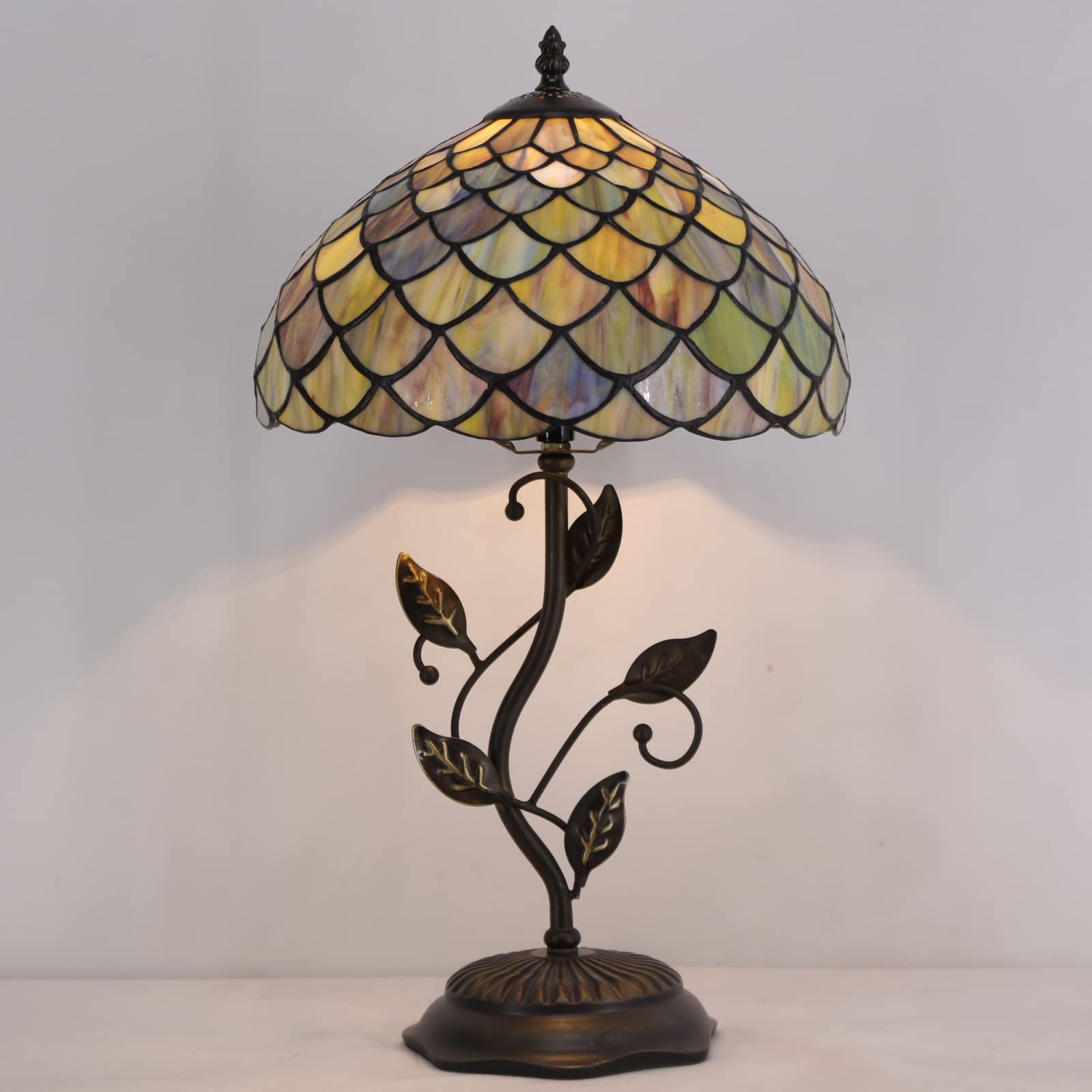 Avivadirect Tiffany Lamp Fish Scales Style Stained Glass Table Lamp Desk Bedside Reading Light 12X12X19 Inches With Metal Leaf B