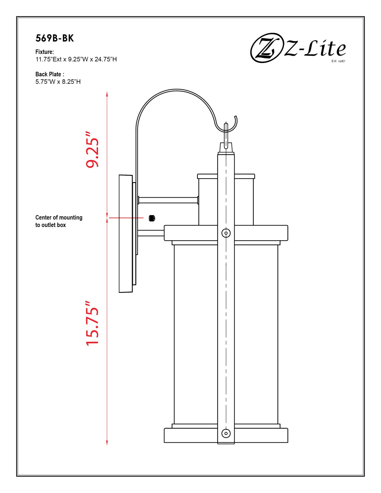 Z-Lite Outdoor Wall Sconce, 1 Light, Aluminum, Black, Model 569B-BK