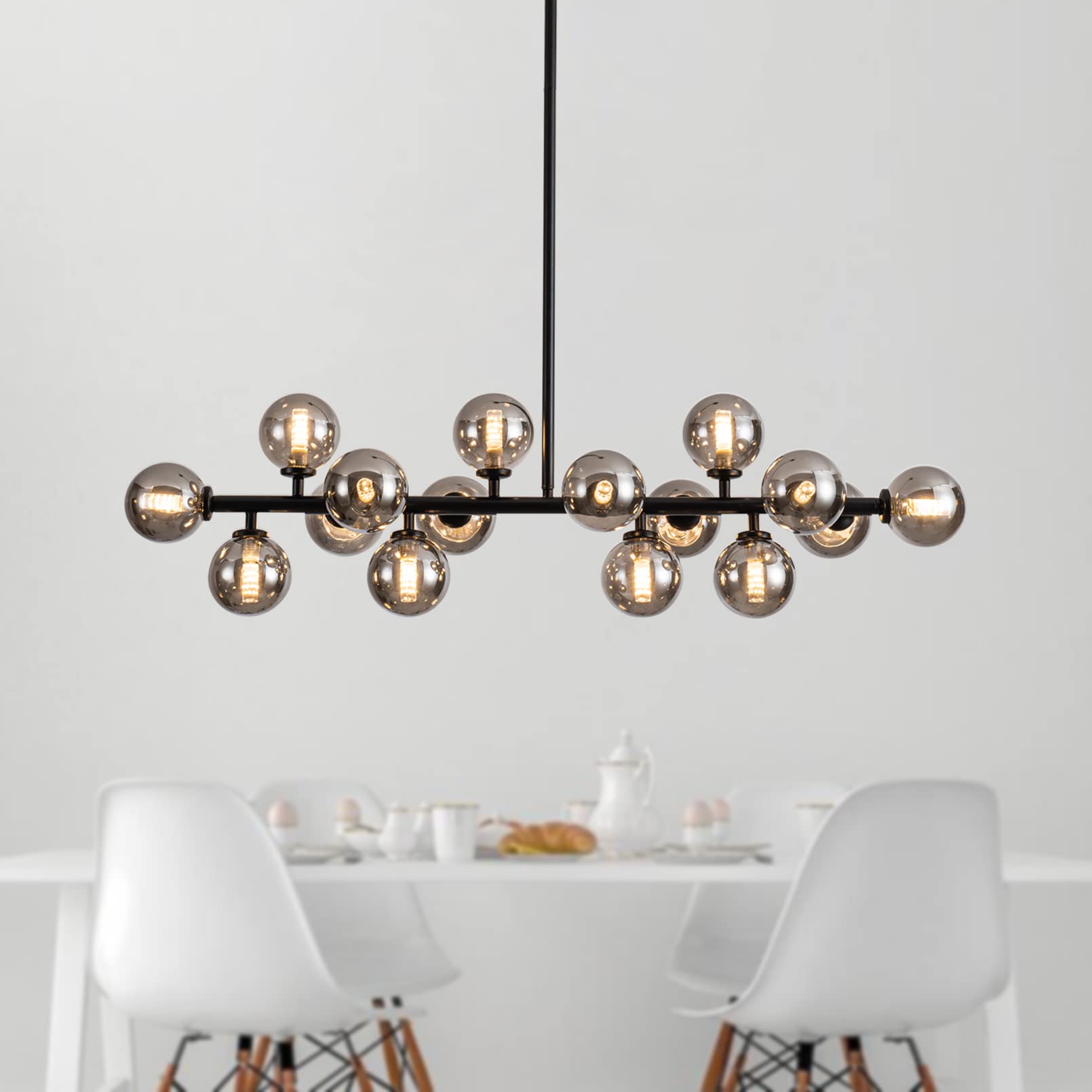 APLampar Mid Century Modern Chandelier 16-Light Linear Bubble Chandelier Black Pendant Lighting Fixture with Smoke Gray Glass fo