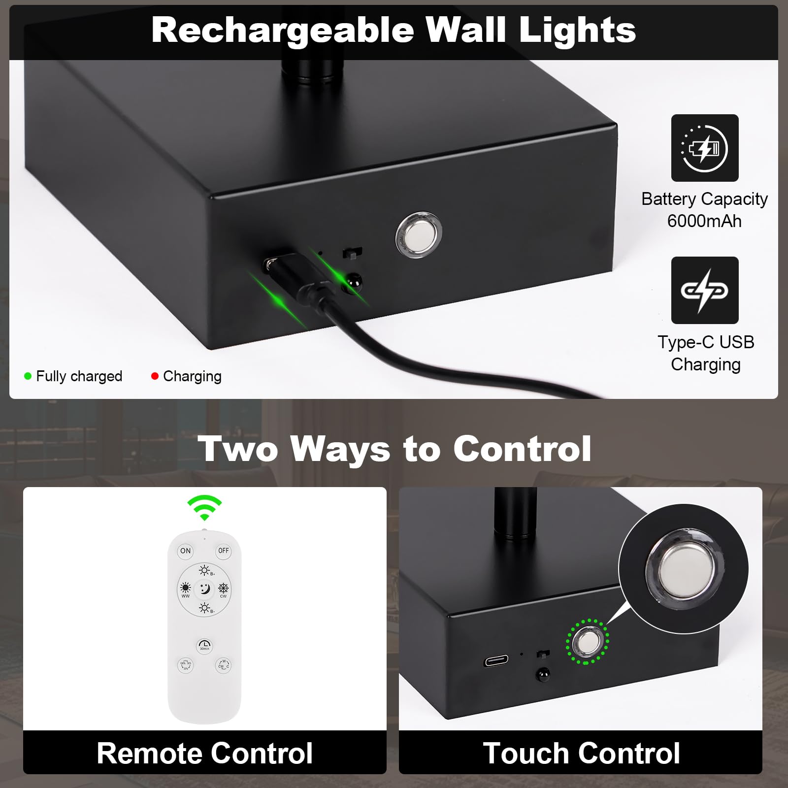 JZEKVN Battery Operated Wall Sconce Set of Two, Dimmable 3000K-6000K, 29.1in Black Metal, Remote Control, Model 202411