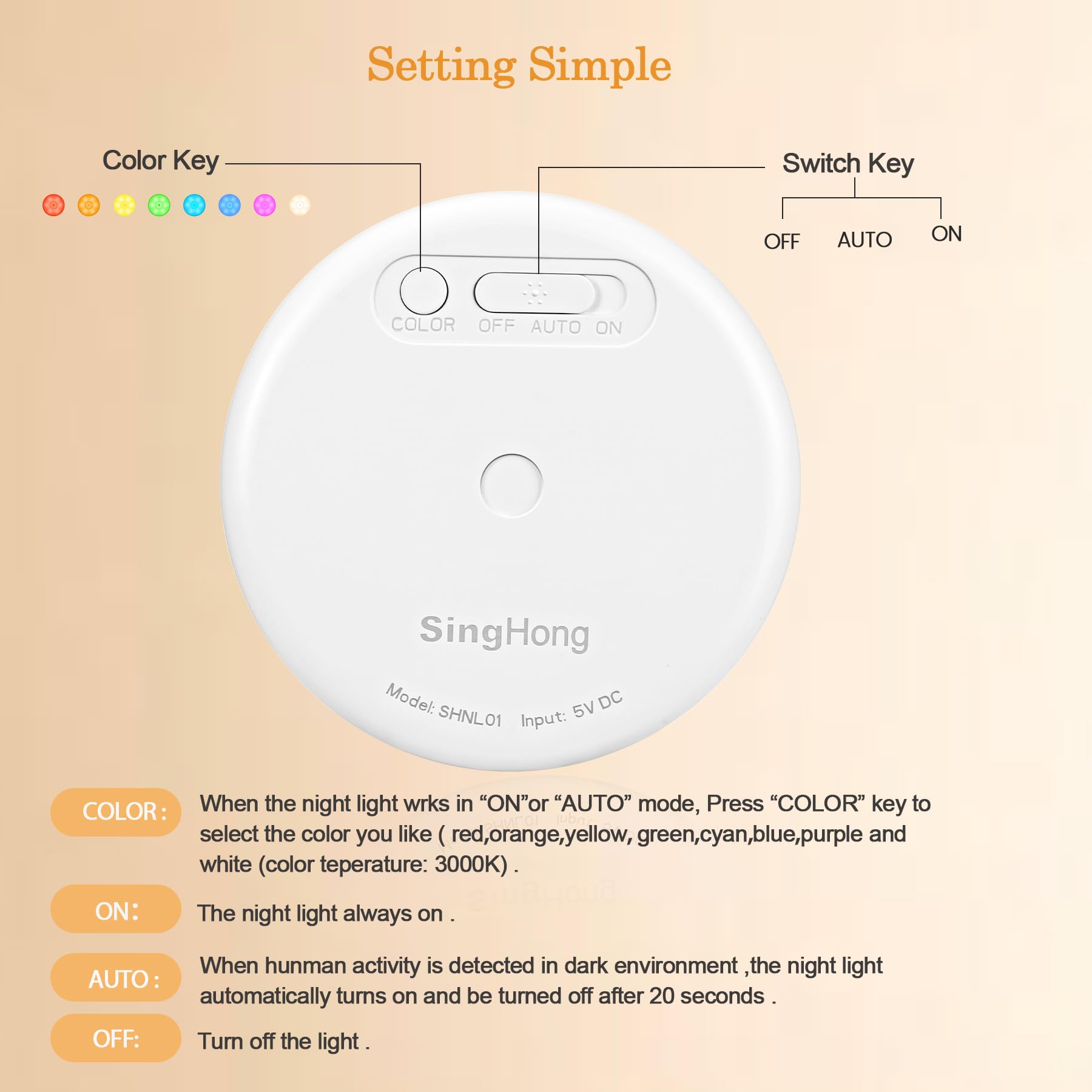 SingHong Motion Sensor LED Night Light, USB Rechargeable, 8 Colors, 3 Modes, White, Model SHNL-W2, 2 Pack