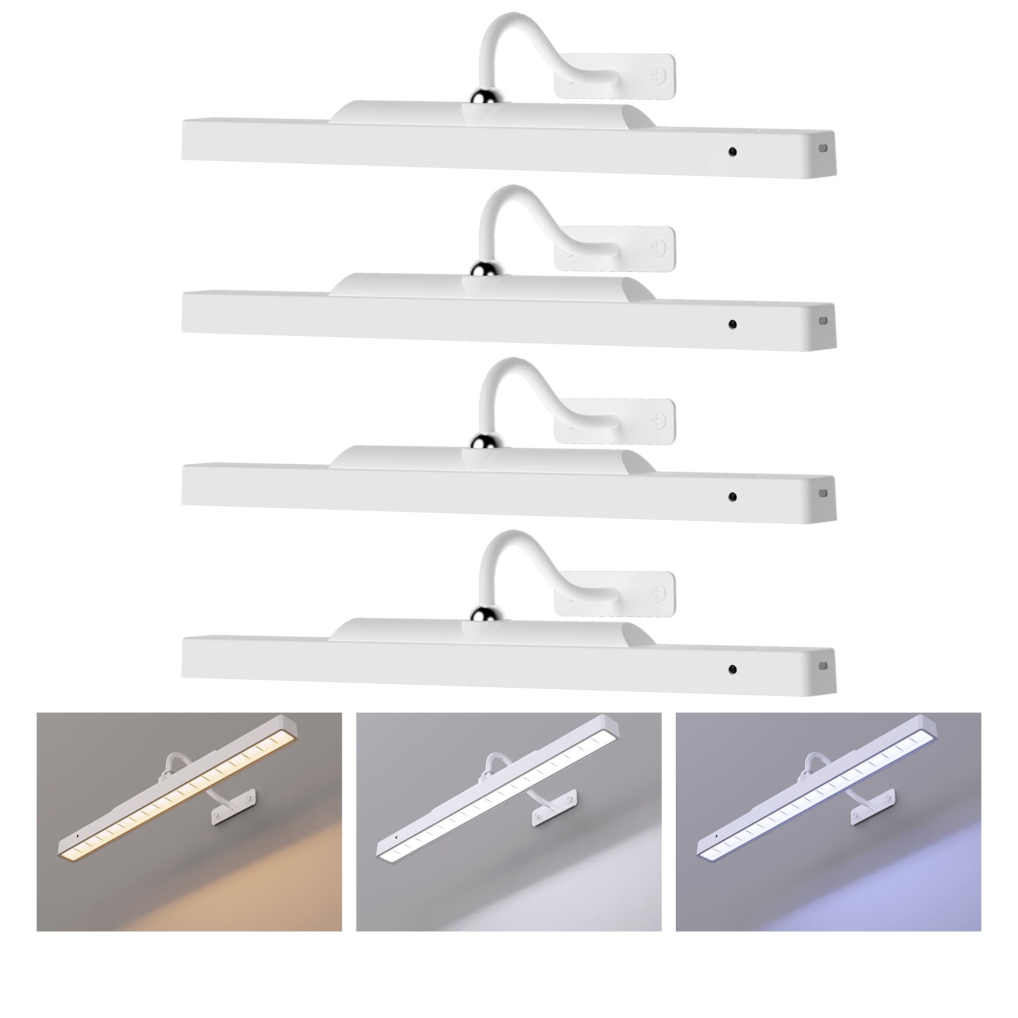 4 Pack White Cordless Picture Lights for Picture  Gallery Light Battery Powered - 350LM  Dimmable  3 Color Temps  CRI 95+ Art Light for Wall Artworks  Photos  Discomfortting  Frame  Portrait  Dartboard