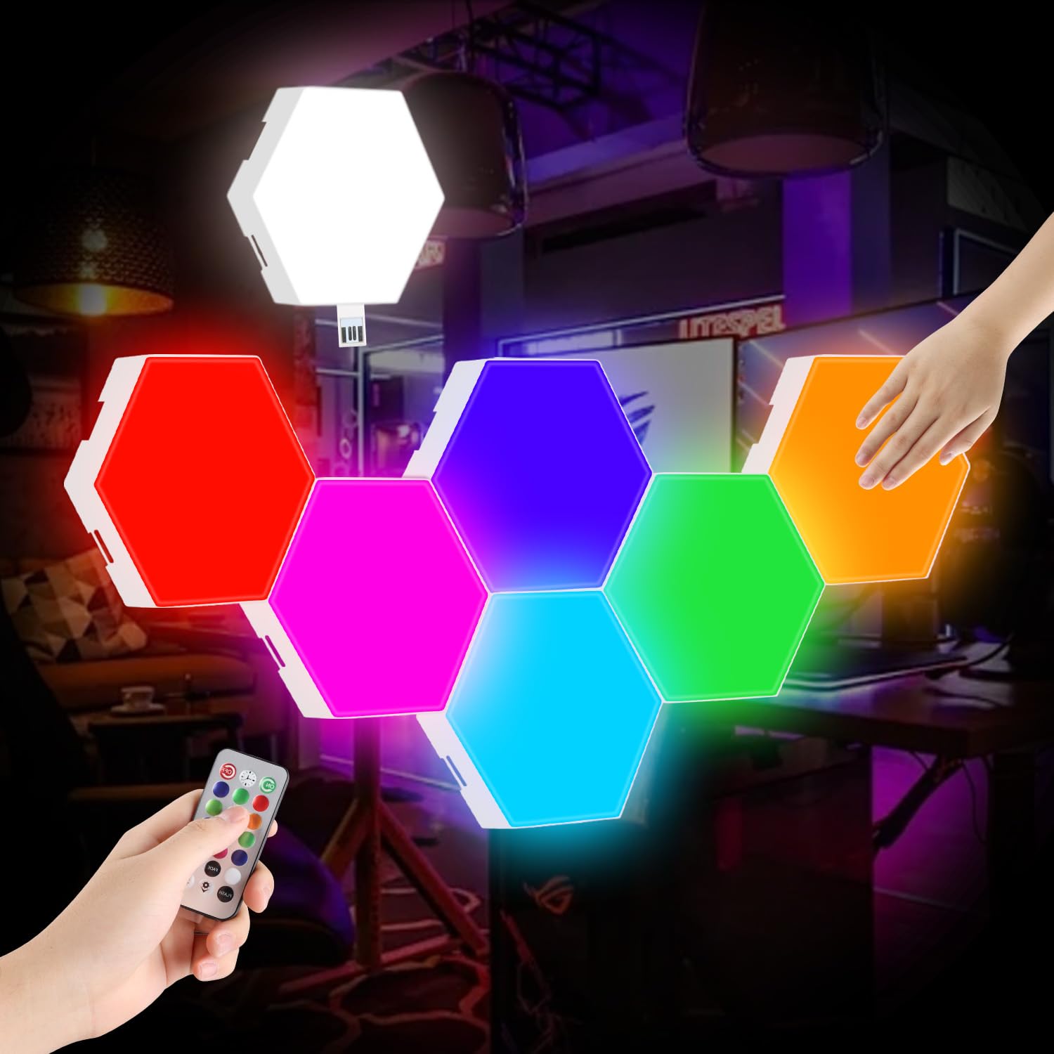 IFTHFOUR Hexagon LED Lights,Remote Control Wall Lamp,Intelligent Modular Touch Colorful DIY Lamp,Used for Bedroom,Bathroom,Livin