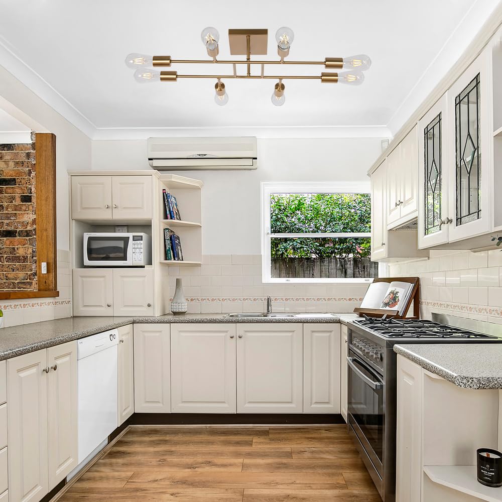 Tuluce Mid Century Modern Ceiling Lighting Fixture Industrial Semi Flush Mount Light Ceiling Brushed Brass 8 Light Kitchen Light