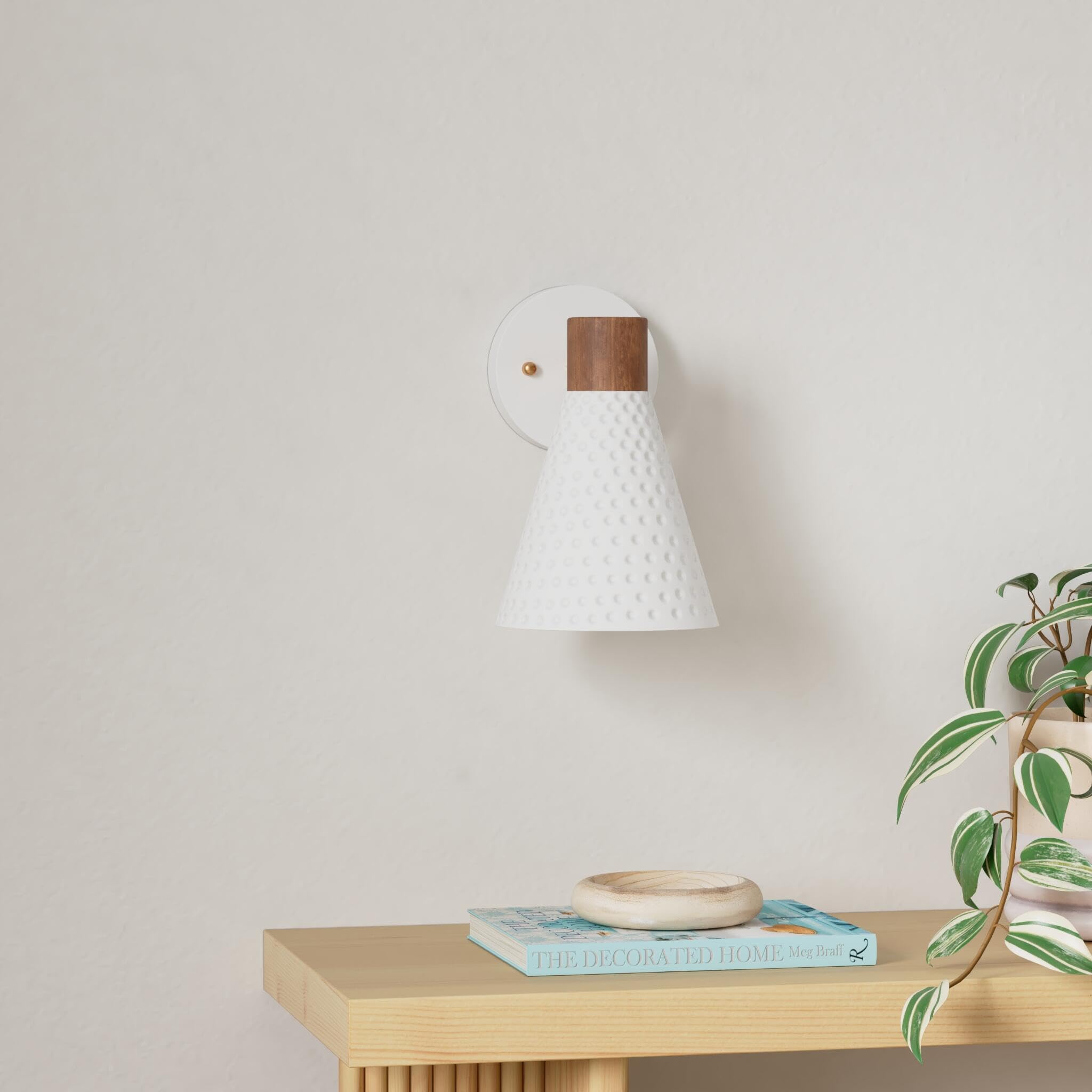 White Plug In Wall Sconces Set Of 2, Modern Wall Light With Plug In Cord, Wooden Plug In Wall Lamps With Hammered Metal Shade, Corded Wall Sconce Light Plug In For Bedroom, Living Room, Hallway