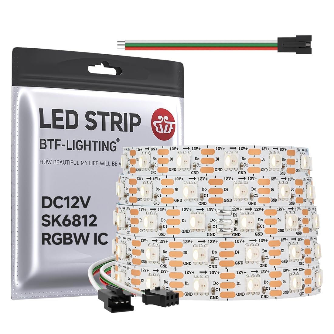 Btf-Lighting Sk6812(Similar Ws2812B) Rgbw Rgb+Natural White(4000K) Individually Addressable Dc12V 16.4Ft 60Led/Pixel/M 4 Color In 1 Light Dream Color Led Strip Ip30 White Pcb(No Adapter Or Controller)