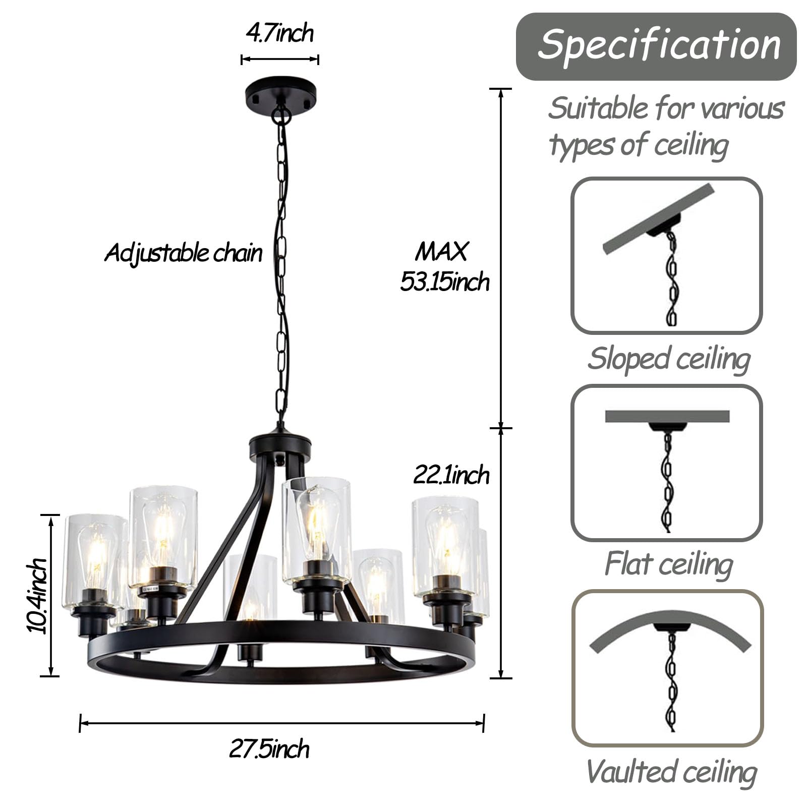 LOFTPLUS Farmhouse Chandelier - 8-Light Black Rustic Wagon Wheel Ceiling Fixture for Dining Room, Living Room, Kitchen Island