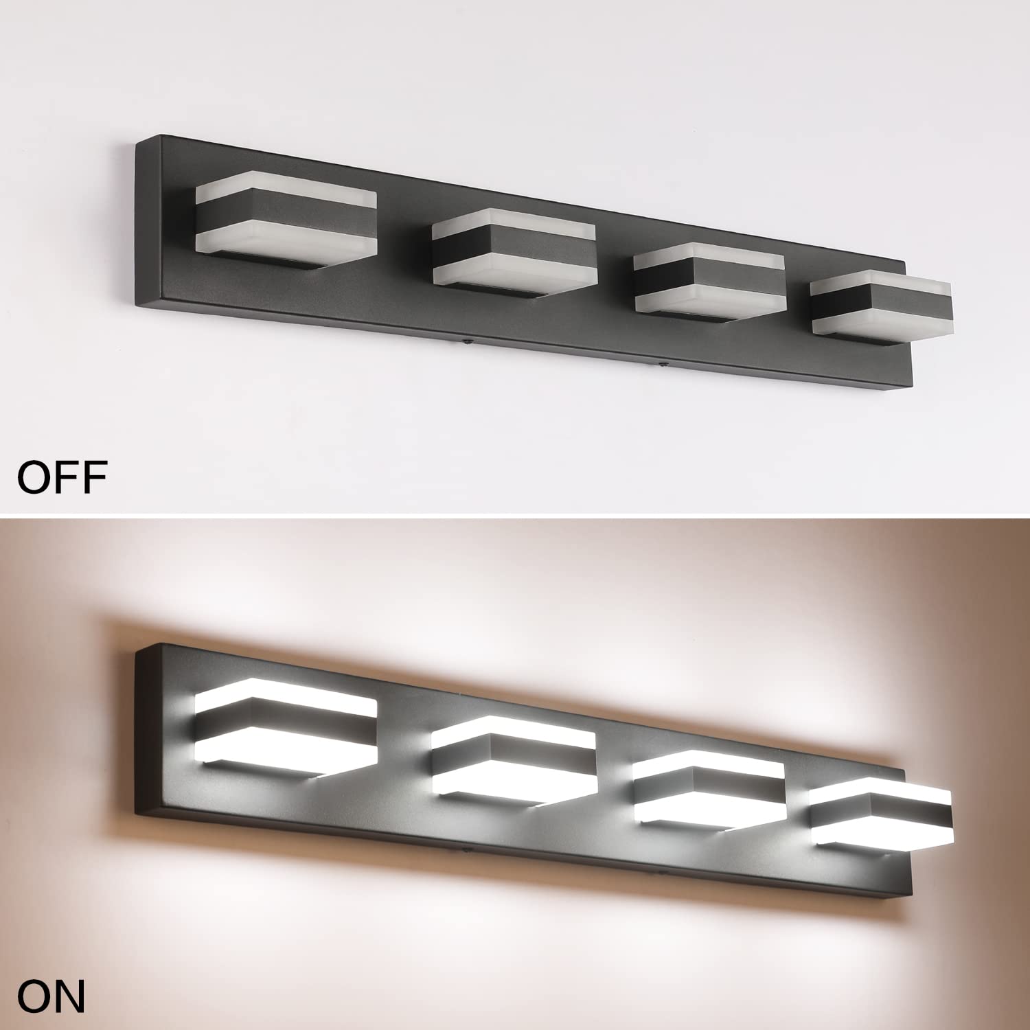SOLFART Modern LED Bathroom Vanity Lights, 29.5 Inch, 4 Lights, Acrylic Shade, Matt Black Finish, Model S8568-4T-6000K-ND