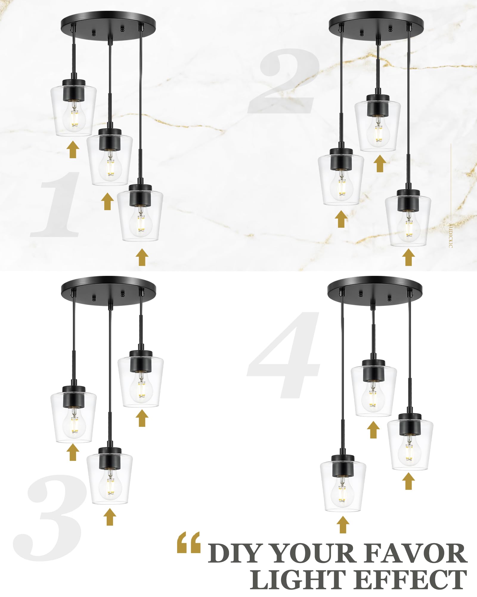 Audickic 3-Light Pendant Light Fixtures, Matte Black Cluster Dining Room Light Fixture Over Table, Adjustable Kitchen Island Lig