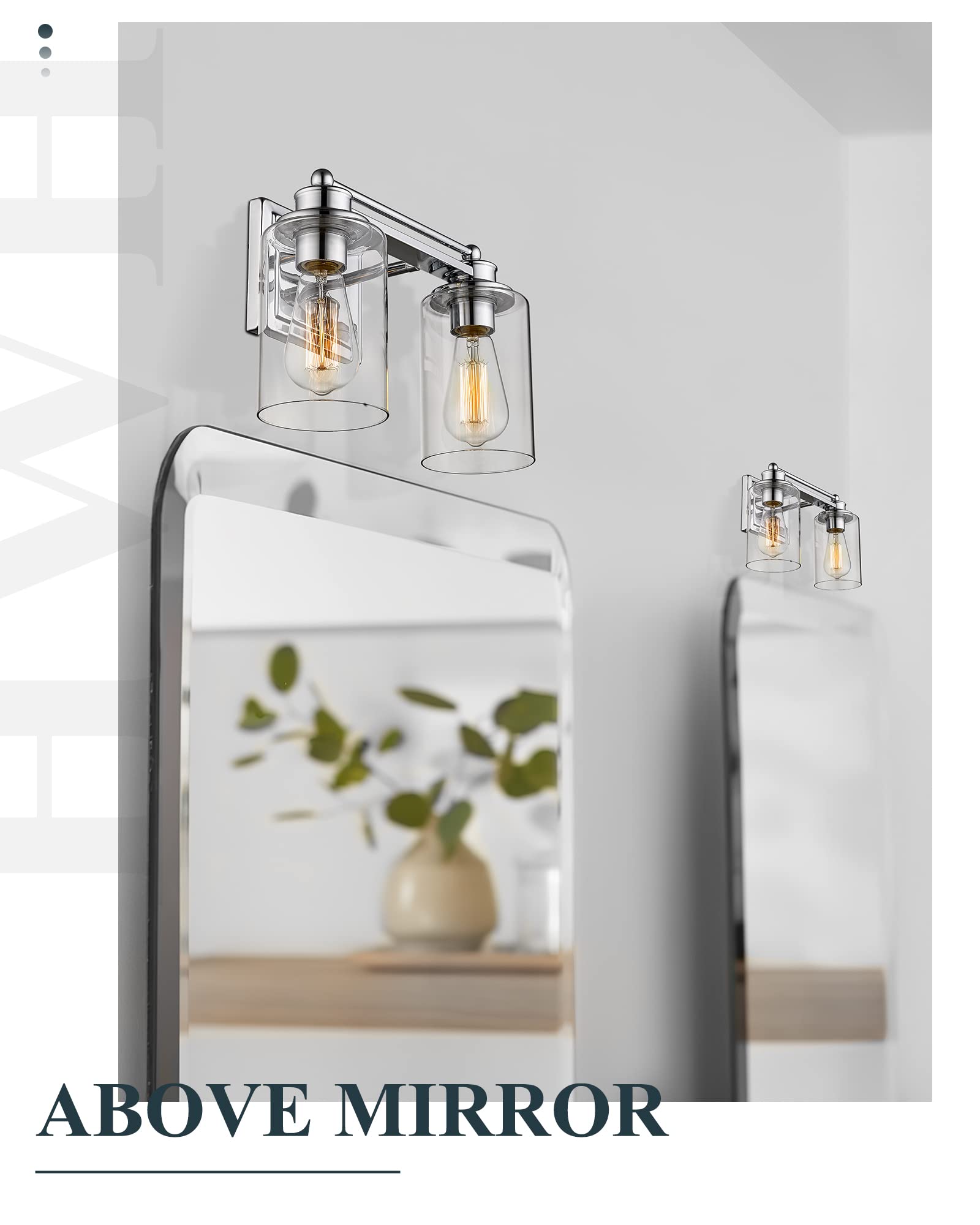 Hwh 2-Light Chrome Vanity Wall Sconce Lamp With Clear Glass Shade - Modern Bathroom Lighting