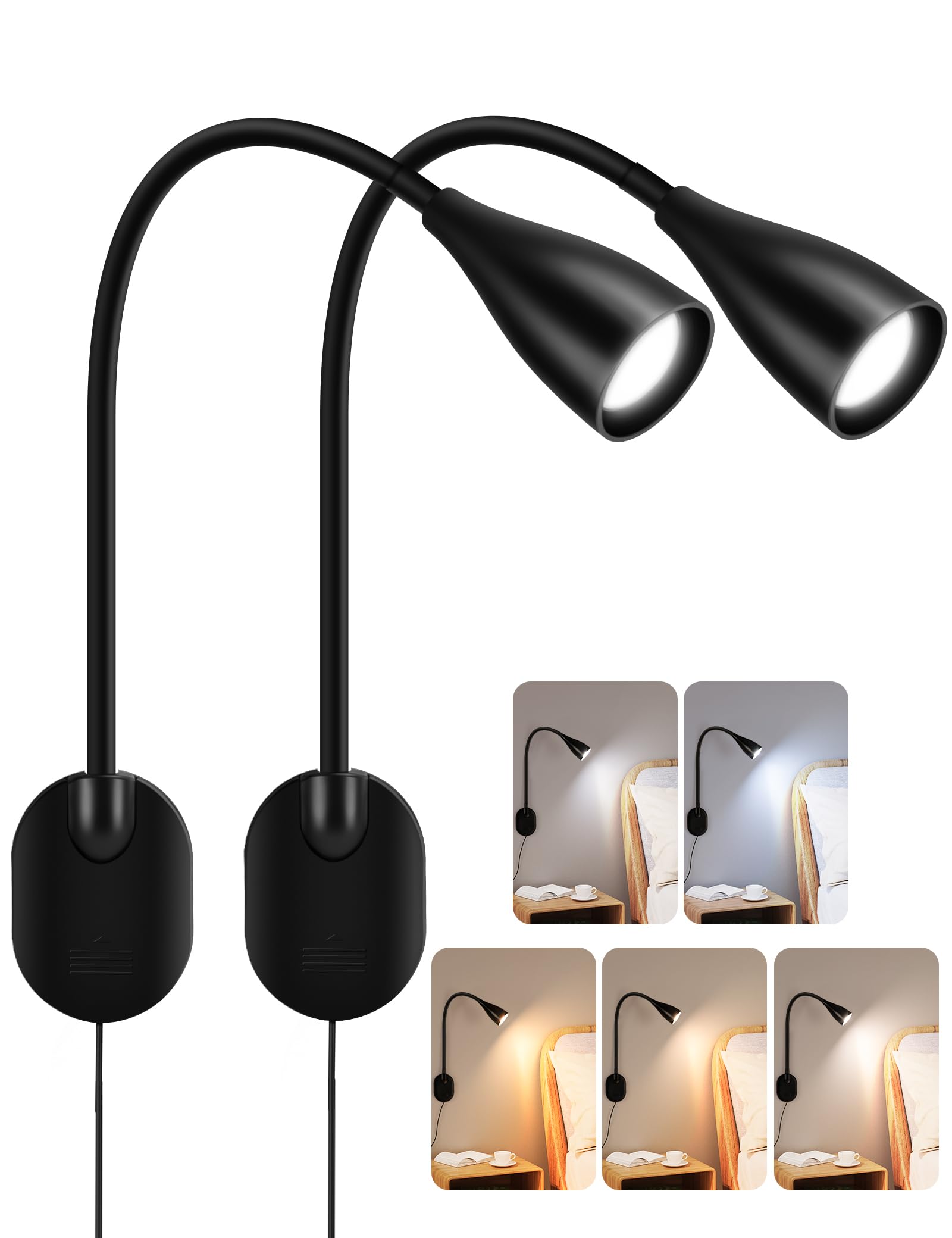 LiFMIRA Wall-Mounted LED Bedside Reading Light with USB Charging Port  10-Level Dimmable & Adjustable 5 Color  Plug-in Adhesive Night Lamp for Books in Bed  Eye-Caring Bedroom Lighting (Black 2 Pack)
