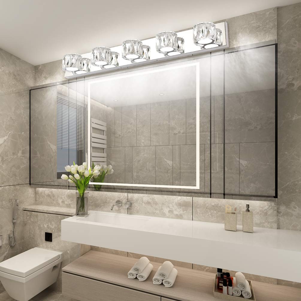 Aipsun 5-Light Crystal Vanity Lights Modern LED Bathroom Wall Light, White, Model Ca-8271-5T