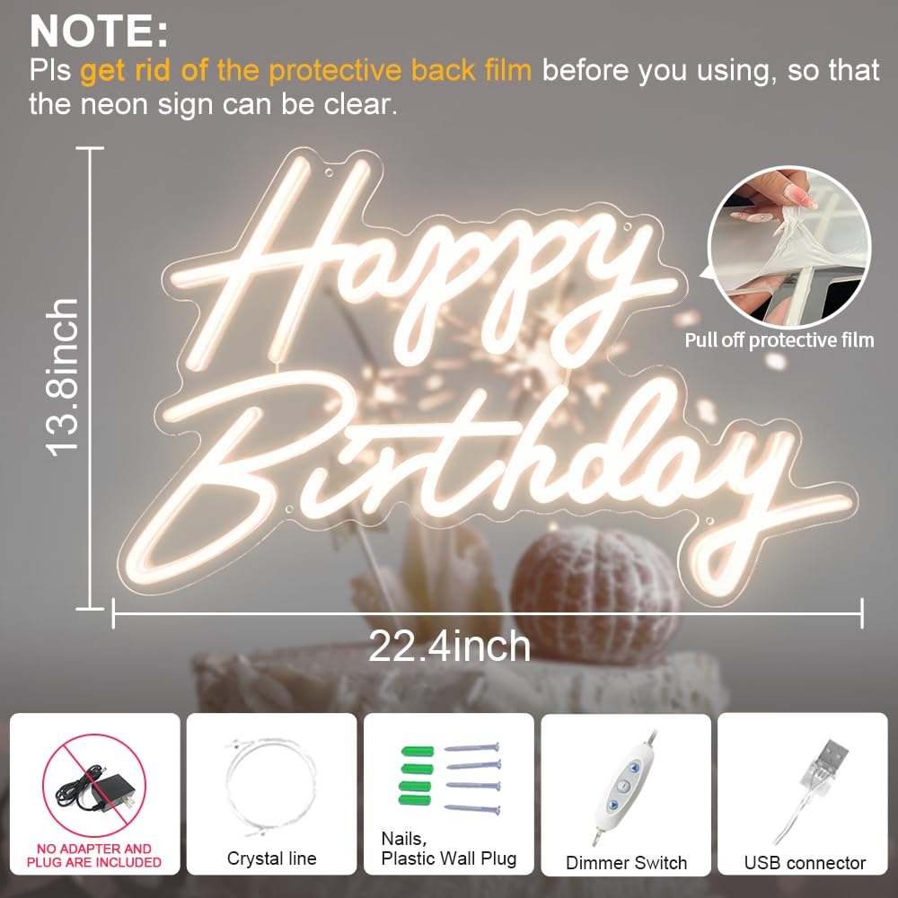 DIVATLA Happy Birthday Neon Sign, Warm White LED Light, 22.5inx13.8in for Party Decor