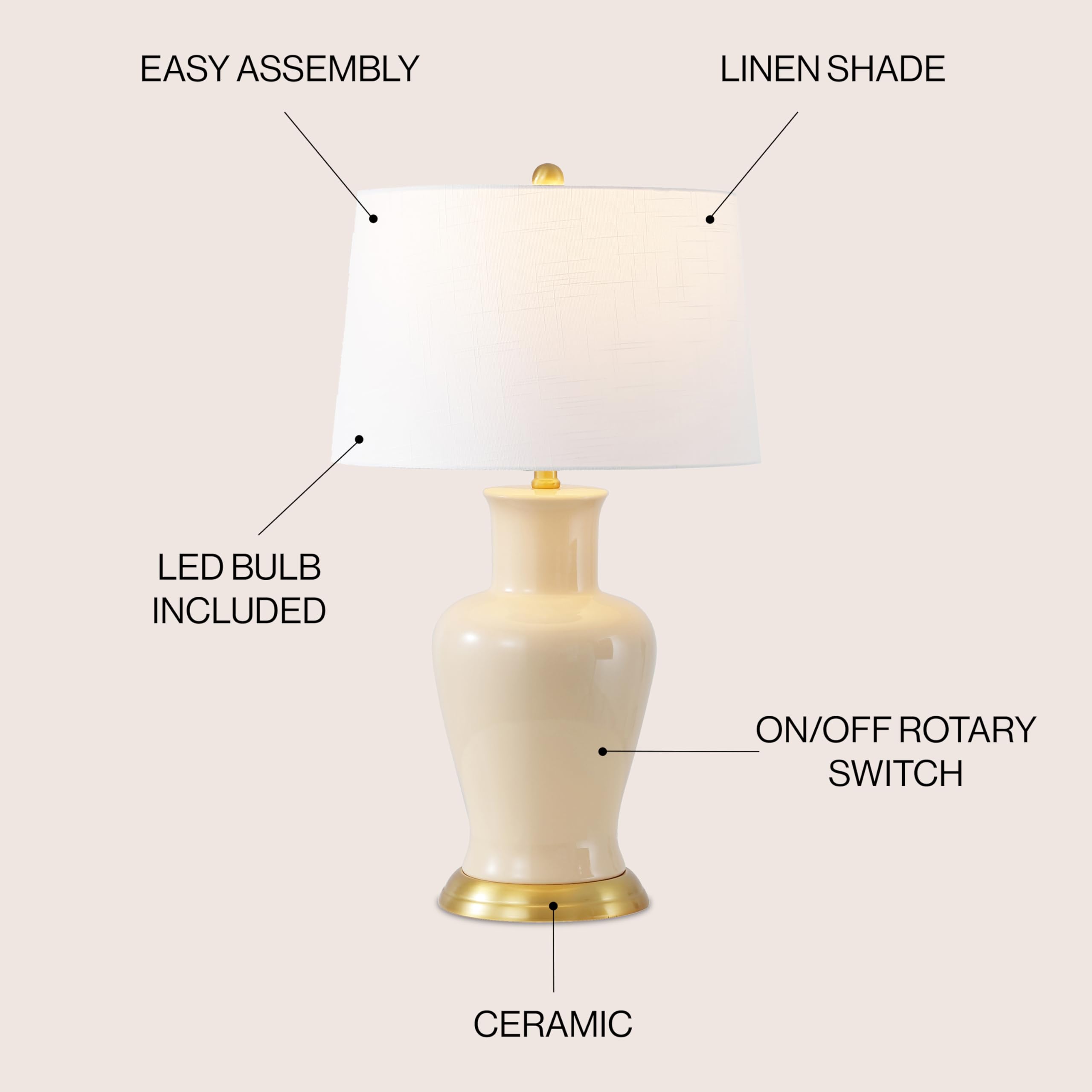 JONATHAN Y 29" Ceramic Urn LED Table Lamp, Almond - Model JYL4026D for Bedroom, Living Room, Kitchen, Home Office, Kids Room