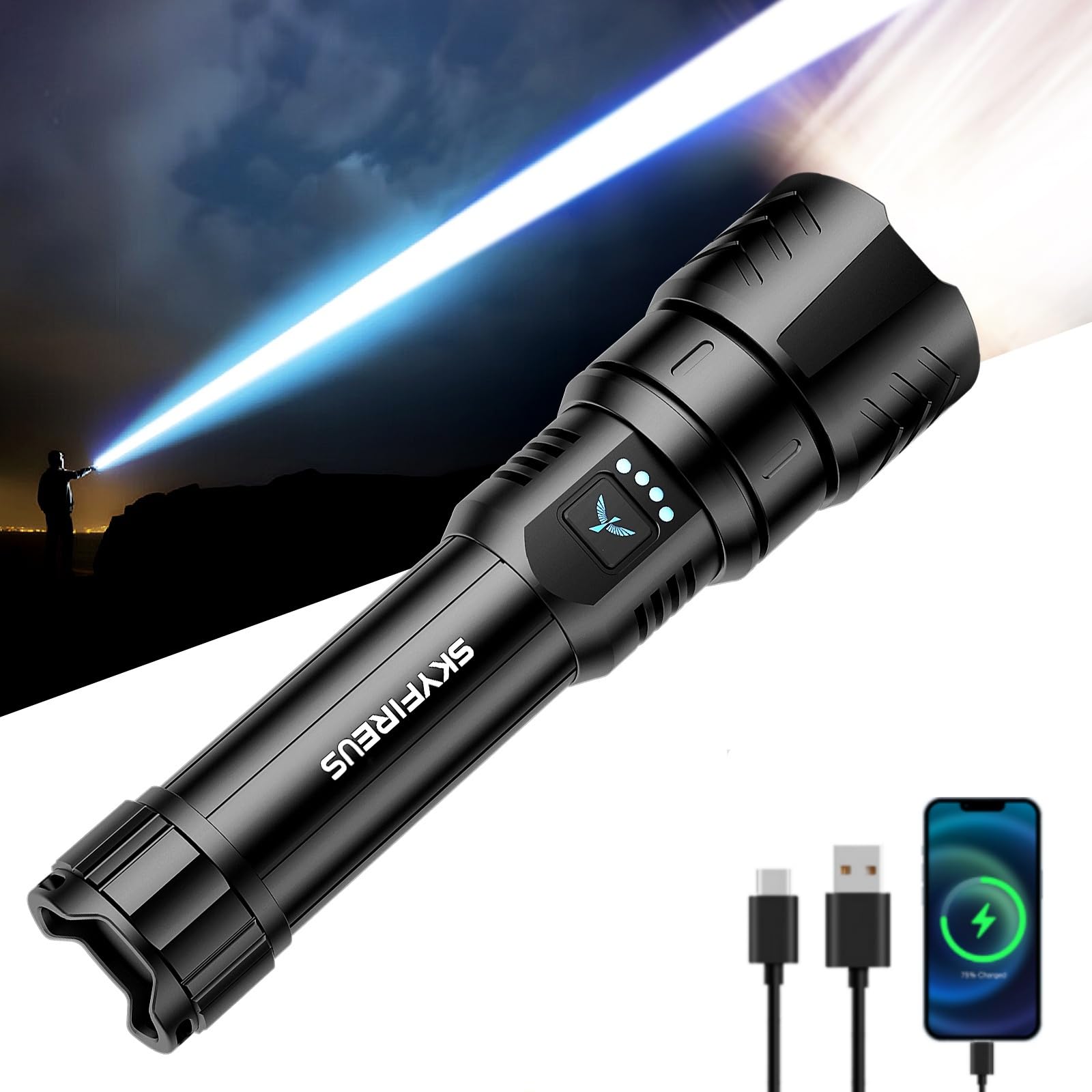 SKYFIRE LED Flashlight 2000lm Rechargeable, Zoomable, Waterproof, Aluminum, Black, Model 1097